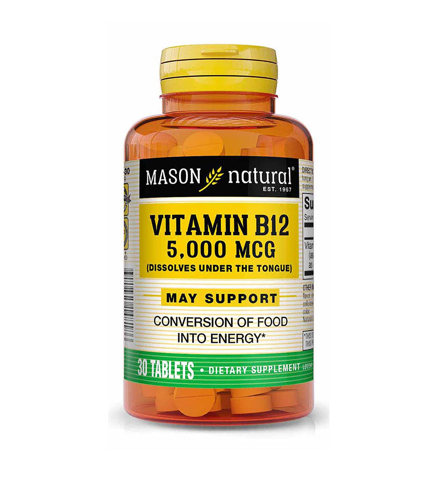 MASON NATURAL Vitamin B12 5000 mcg (Cyanocobalamin) - Energy Support, Raspberry Flavor - 30 Tablets - Buy Online on GoSupps.com