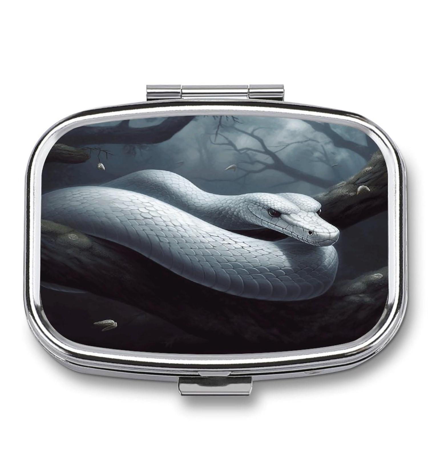 White Snake Print Pill Box 2 Compartment Medicine Organizer | Decorative Portable Metal Pill Case for Pocket or Purse - Buy Online on GoSupps.com