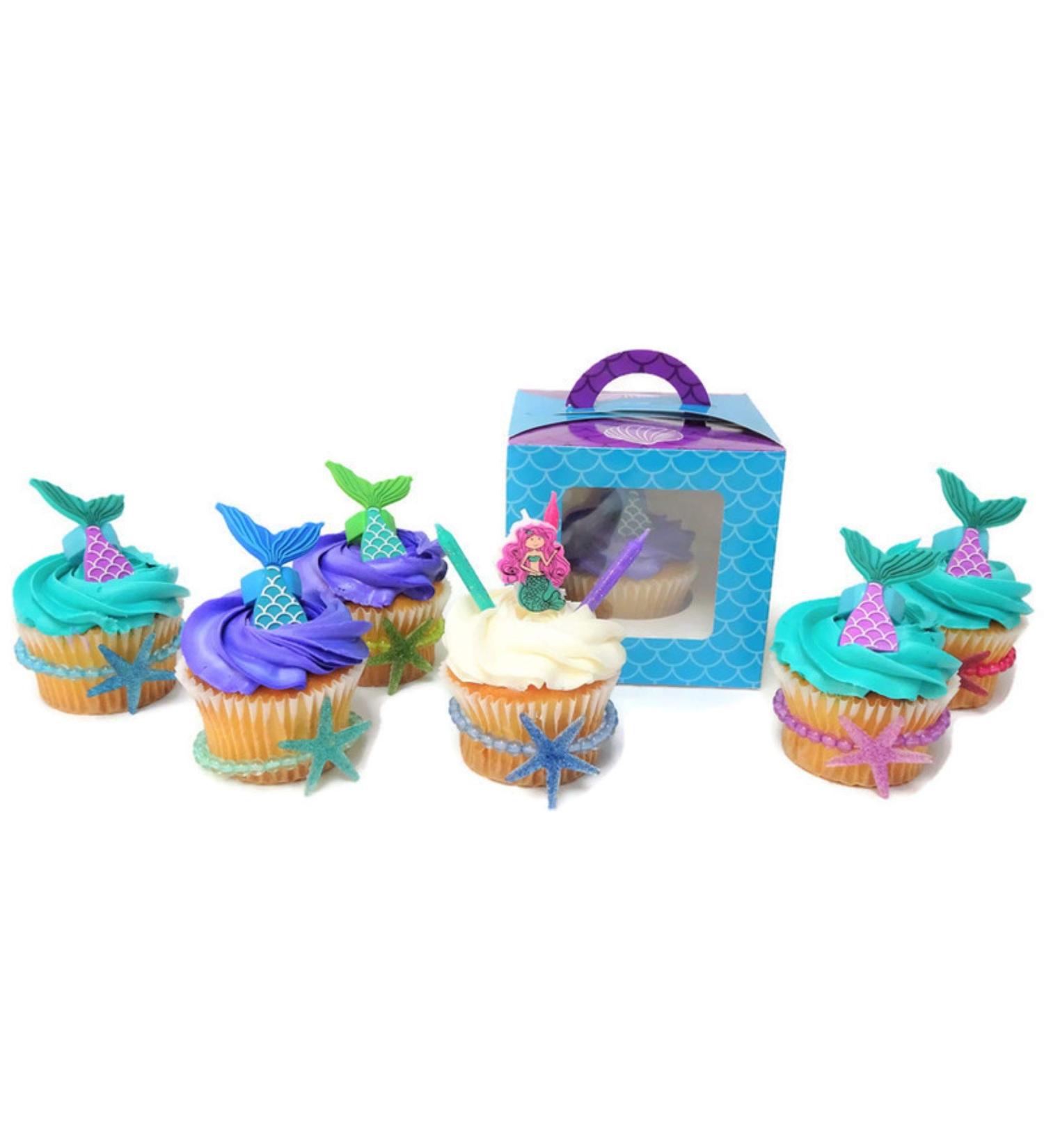 Mermaid Cupcake Toppers Party Favors Supplies- 12 Cupcake Boxes 12 Tail Rings 12 Star Fish Bracelets Birthday Candles and Birthday Button - Buy Online on GoSupps.com