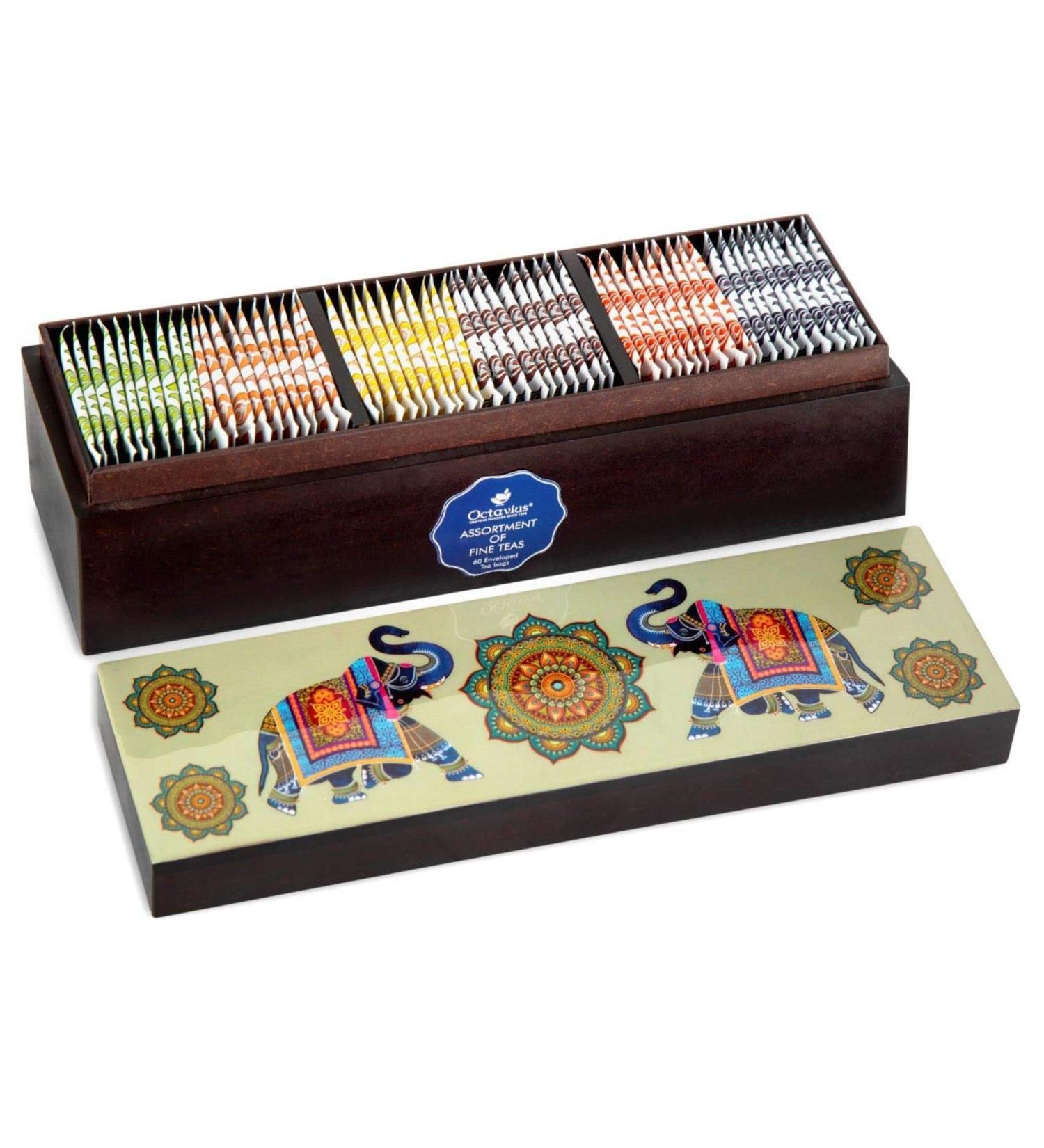 Octavius Elephant Wooden Caddy Tea Sampler Pack - 60 Enveloped Tea Bags - Black & Green Tea Assortment - Tea Sampler Variety Pack - Perfect for Tea Lovers - Buy Online on GoSupps.com
