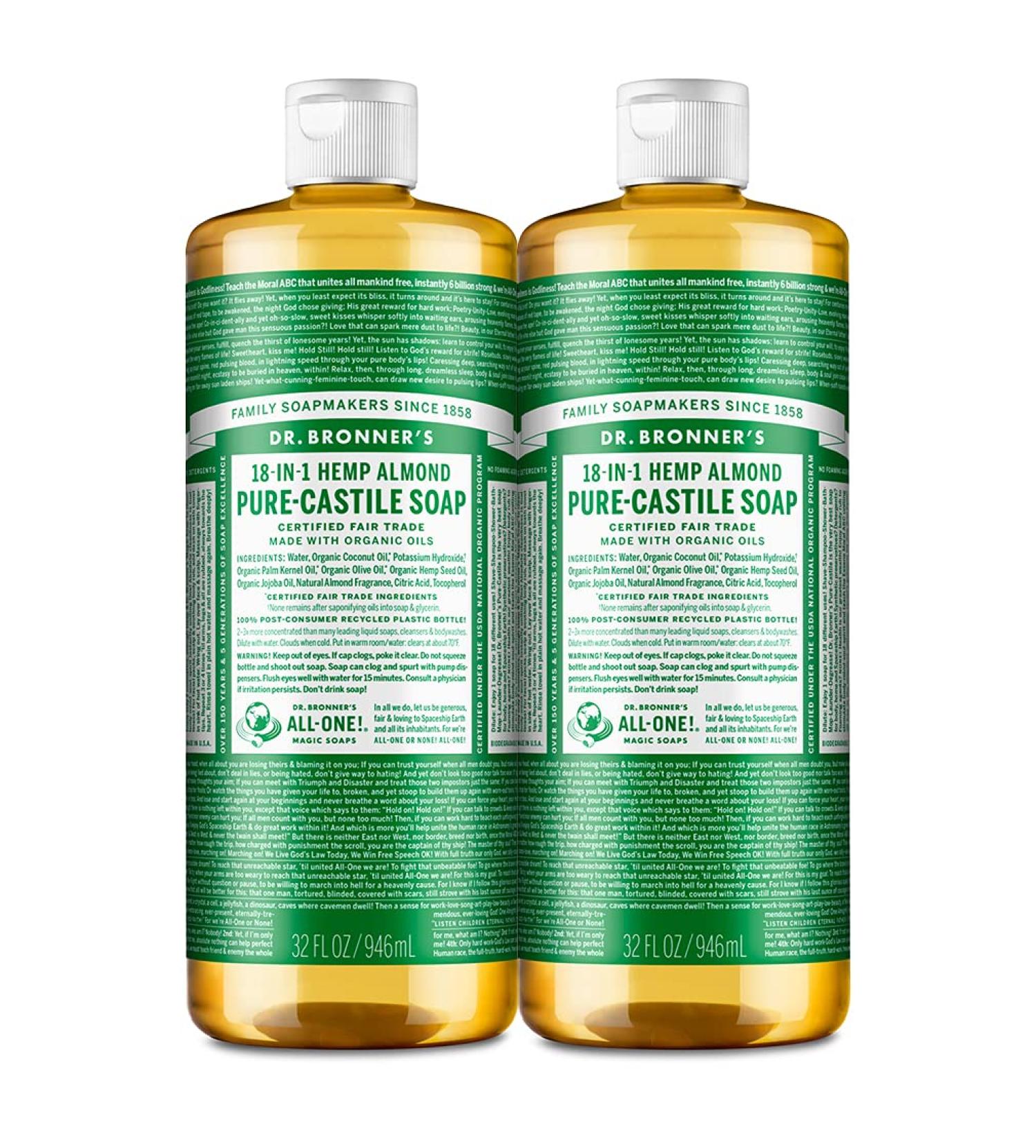 Dr. Bronners Almond Pure-Castile Liquid Soap 32oz 2-Pack - Organic 18-in-1 Soap for Face, Body, Hair, Laundry, Pets & Dishes - Vegan & Non-GMO - Concentrated Formula - 32 Fl Oz (Pack of 2) - Buy Online on GoSupps.com