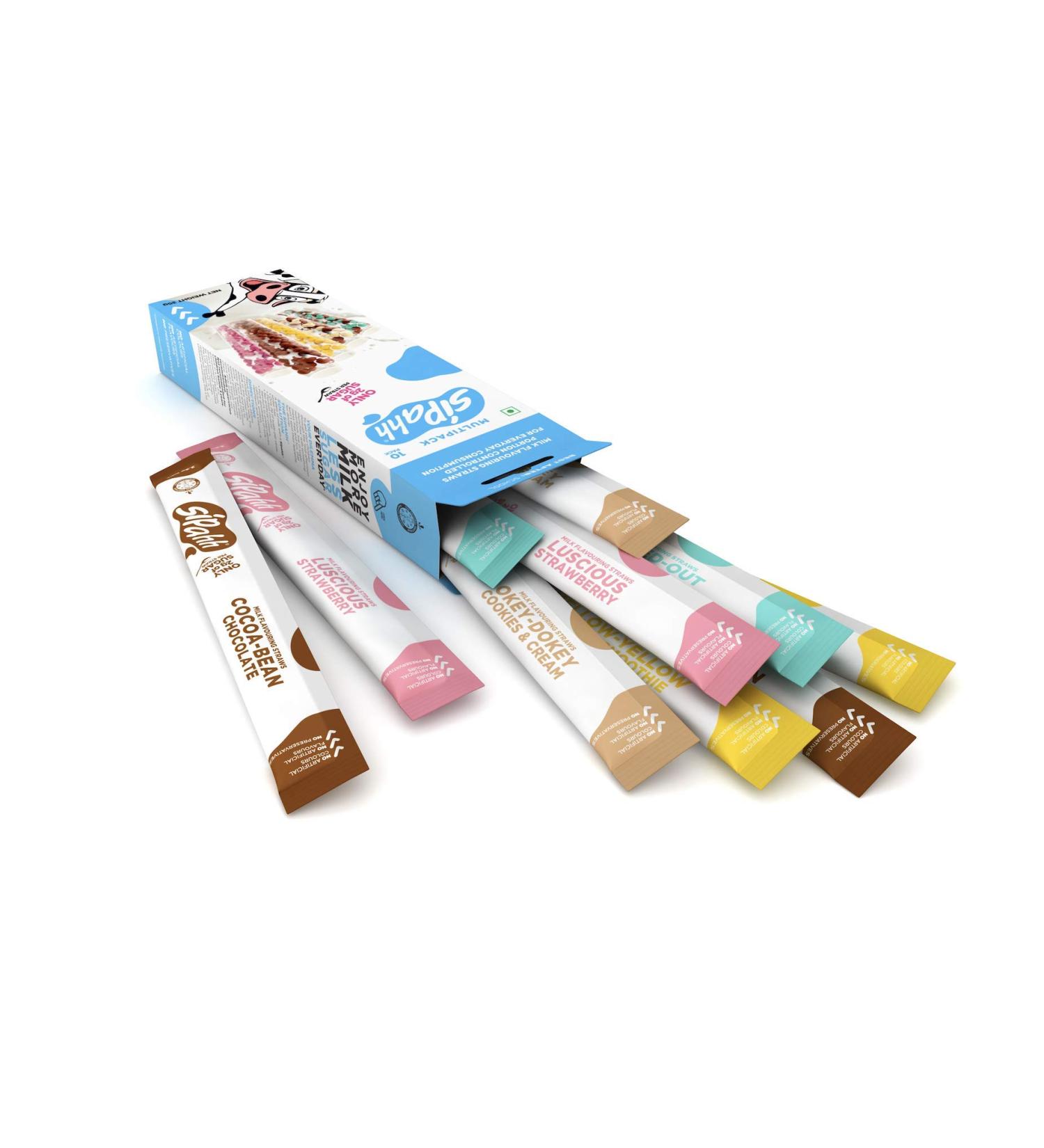 Sipahh Milk Flavoring Straw - 10 Pack - 50% less Sugar than other milk straws. Chocolate, Strawberry, Banana, Choc Mint & Cookies Cream