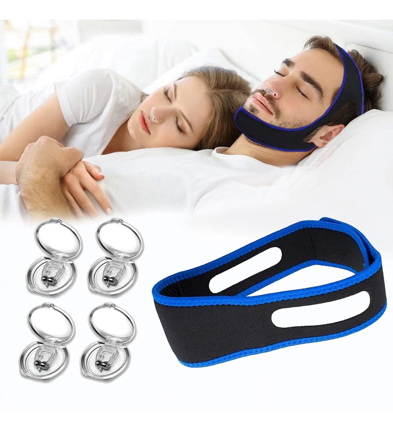 Sleep Snoring Solutions Kit: Stop Snoring for Better Deep Sleep with 4 Magnetic Silicone Nose Clips & 1 Anti-Snoring Chin Strap - Buy Online on GoSupps.com