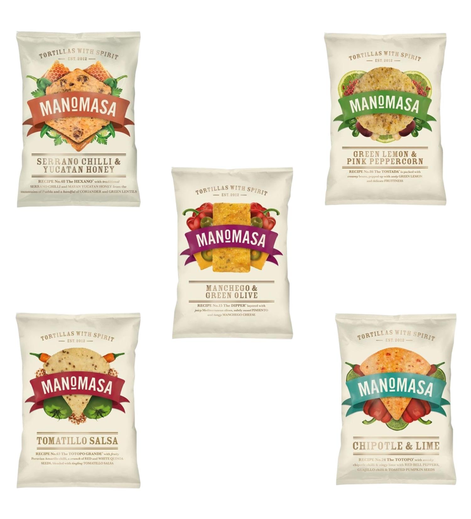 Manomasa Tortilla Chip Pick N Mix - Choose From 5 Flavours | Manchego & Green Olive & Lemon Serrano Chilli & Yucatan Honey Tomatillo Salsa Chipotle Lime Tortillas with Spirit - Pack of 5 x 140g 140 g (Pack of 5) - Buy Online on GoSupps.com