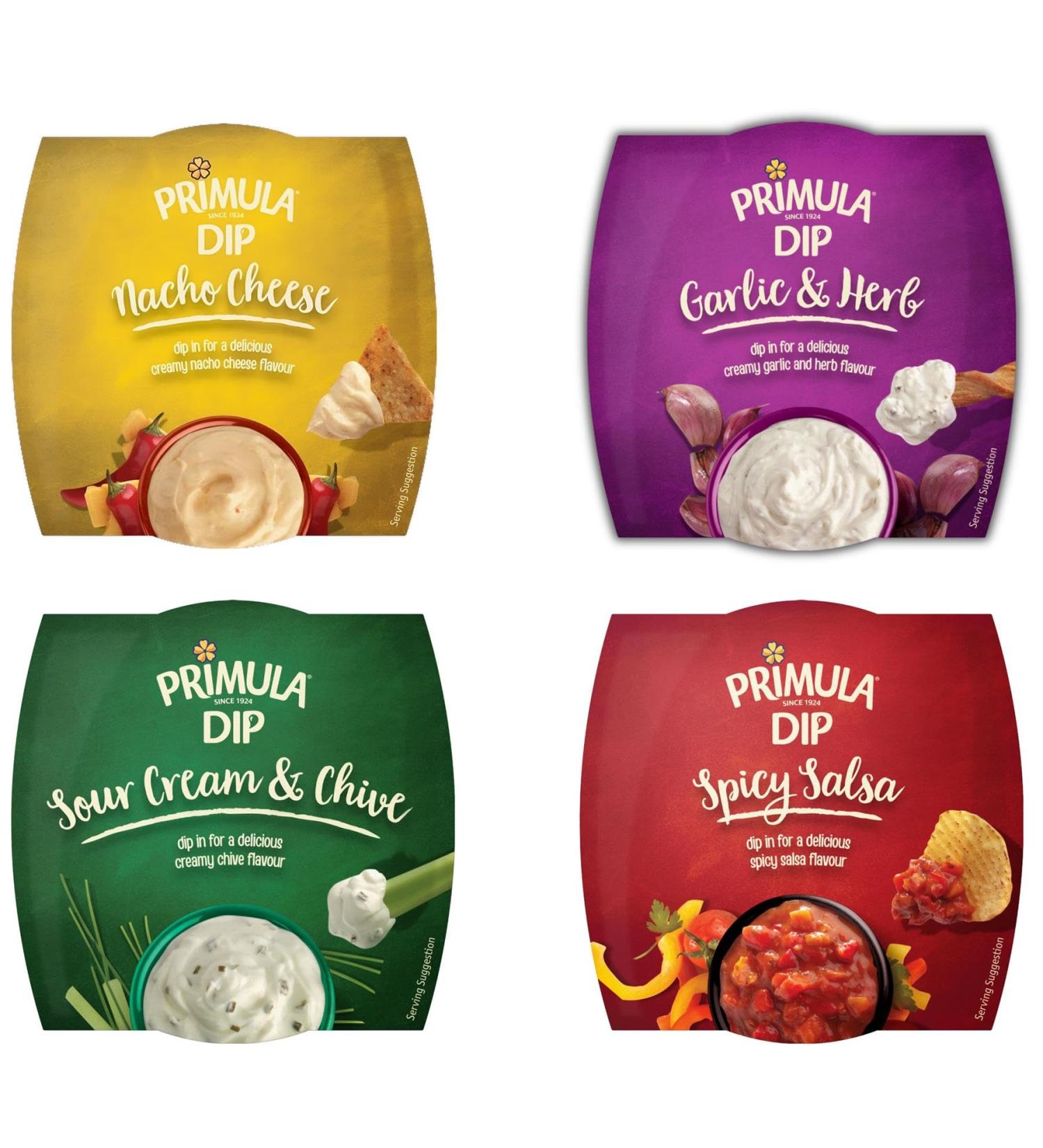 Primula Dip Pick N Mix - Create Custom Dips Combo with 4 Flovours - Nacho Cheese Garlic & Herb Sour Cream & Chive Spicy Salsa - Pack of 4 X 150g - Buy Online on GoSupps.com