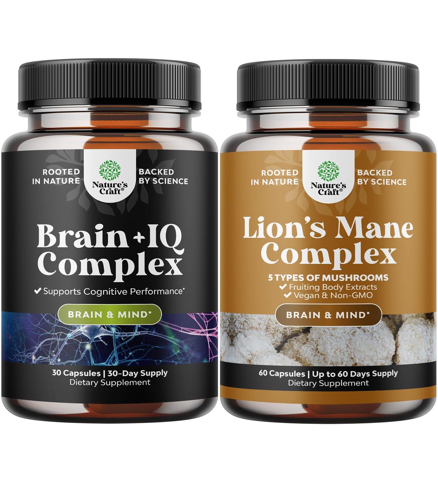 Bundle of Nootropic Memory Supplement with Vitamin B 12 Bacopa Monnieri Rhodiola Rosea DMAE Ginkgo Biloba and Advanced Lion's Mane Mushroom Supplement - Reishi Chaga Maitake Shiitake for Brain Support - Buy Online on GoSupps.com