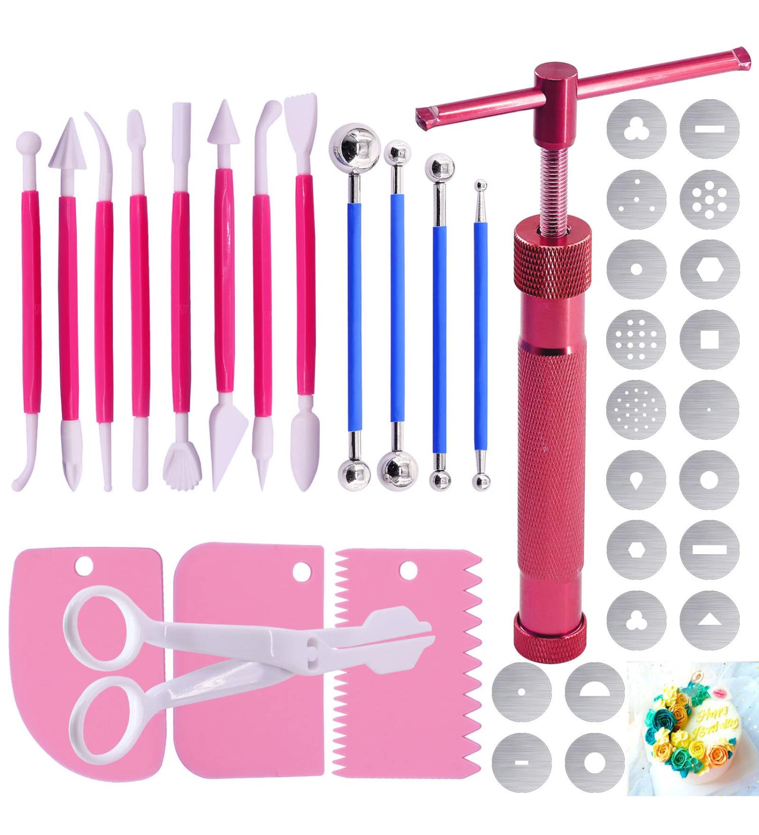 Keadic 37Pcs Rose Red Clay Fondant Extruder Cake Decorating Tool Set | Sugar Modeling Gun with 20 Tips, Disks & Dotting Tool - Buy Online on GoSupps.com