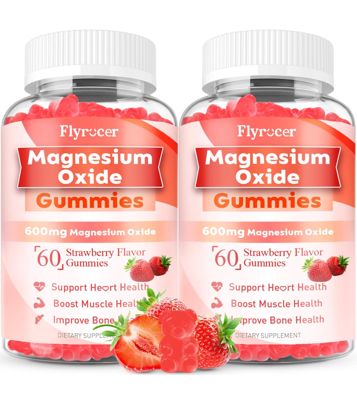 2 Pack Magnesium Oxide Gummies 600mg, Sugar-Free Magnesium Oxide Supplement for Adults & Kids, Nerve & Muscle Support, Vegan, Non-GMO, Strawberry Flavor, 120 Count 60 Count (Pack of 2) - Buy Online on GoSupps.com