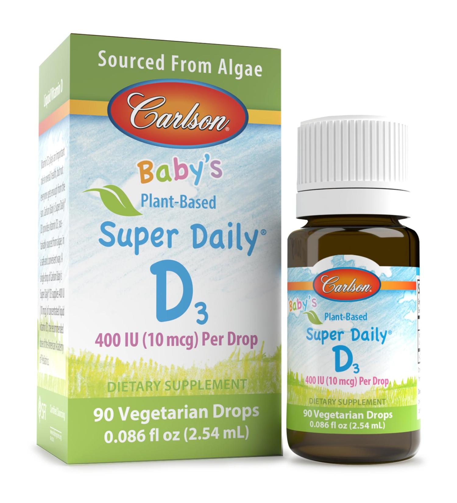 Carlson - Baby's Plant-Based Super Daily D3, Baby Vegetarian Liquid Vitamin D Drops, 400 IU (10 mcg) per Drop, Sourced from Algae, for Infants and Toddlers, Unflavored, 90 Drops (2.54 mL) - Buy Online on GoSupps.com