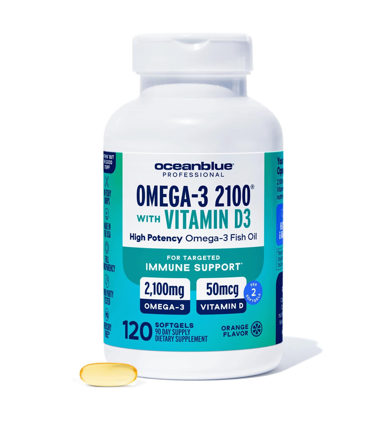 Oceanblue Professional Omega-3 2100 with Vitamin D3 120 ct Triple Strength Burpless Fish Oil Supplement with High-Potency EPA DHA DPA and Vitamin D3 Wild-Caught Orange Flavor (60 Servings) 120 Count (Pack of 1) - Buy Online on GoSupps.com