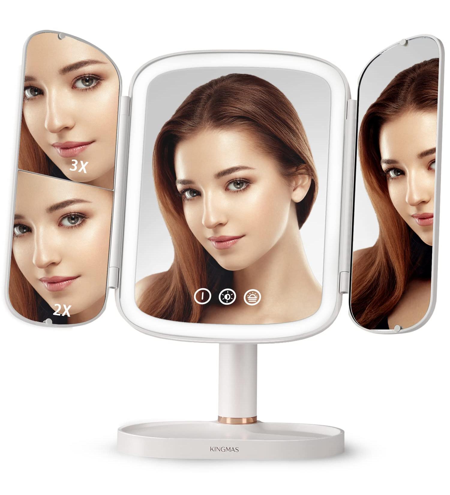 KINGMAS Lighted Makeup Mirror with Sunset Lamp | 3-in-1 Magnification | Touch Control & Rechargeable | Portable LED Vanity Mirror for Women - Buy Online on GoSupps.com