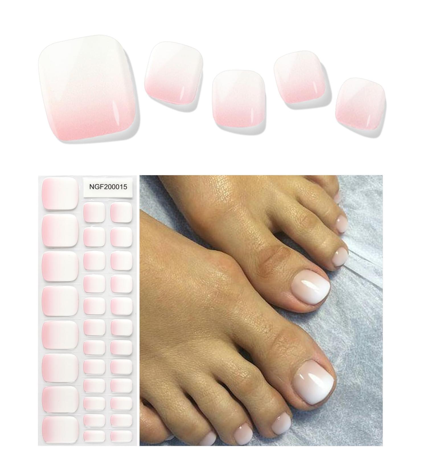 Kalolary White Gel Toenail Strips - Long Lasting Pink Gradient Pedicure Stickers | Salon Quality Nail Wraps with Nail File & Wood Stick | Perfect for UV/LED Lamp - Buy Online on GoSupps.com