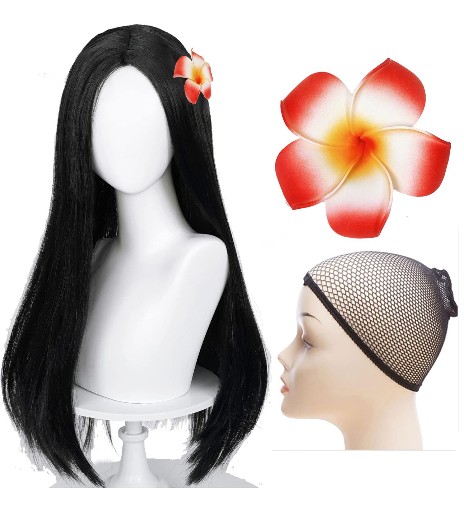 Long Straight Black Kids Wig with Flower Hair Clip - Wigs for Girls | Toddler Cosplay Hairpiece for Halloween Party - Includes Wig Cap | Uniquebe - Buy Online on GoSupps.com