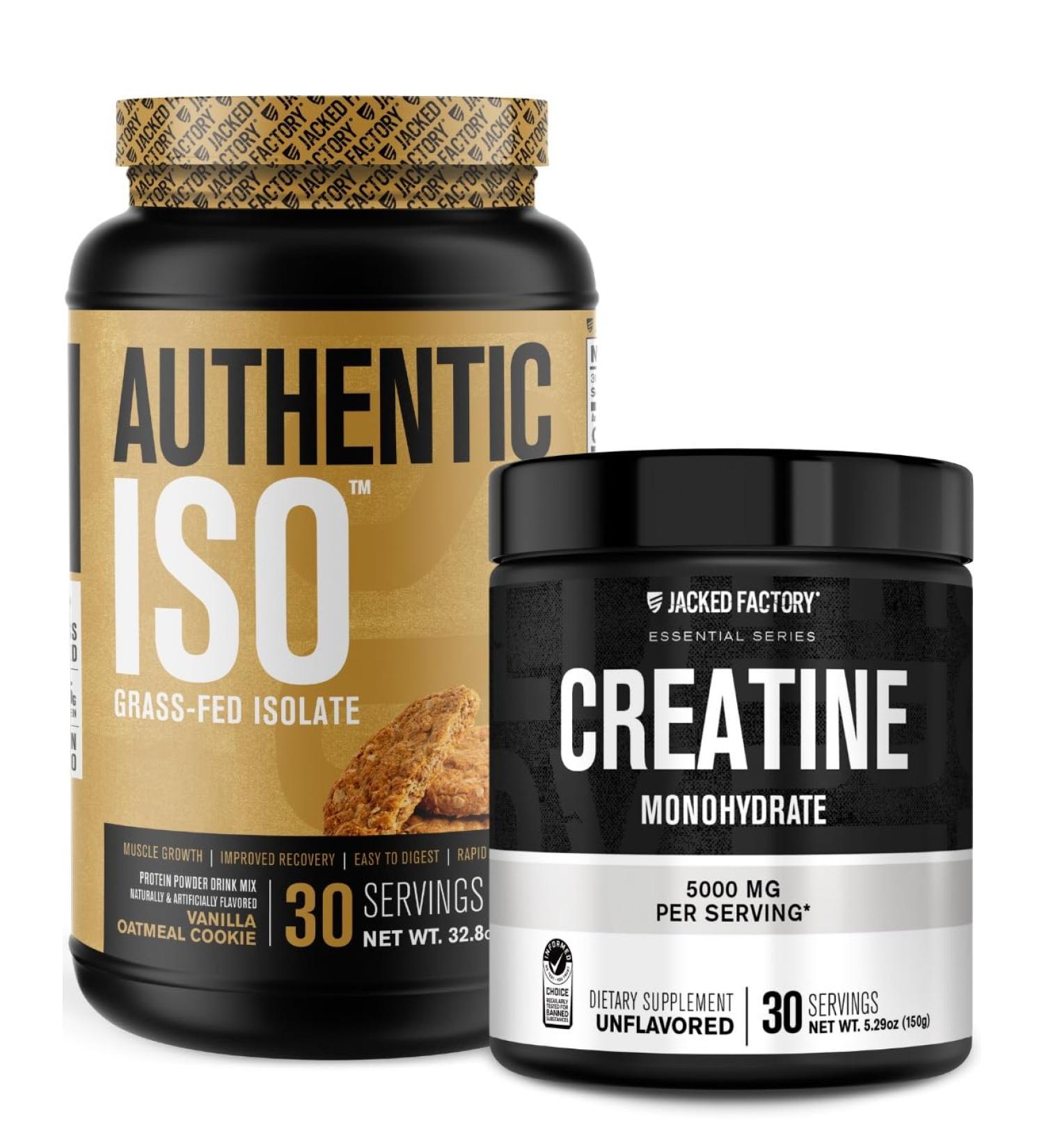 Jacked Factory Authentic ISO Grass Fed Whey Protein Isolate Powder - Low Carb Non-GMO Muscle Building Protein (30 Servings Vanilla Oatmeal Cookie) Creatine Monohydrate Powder (30 Servings) - Buy Online on GoSupps.com