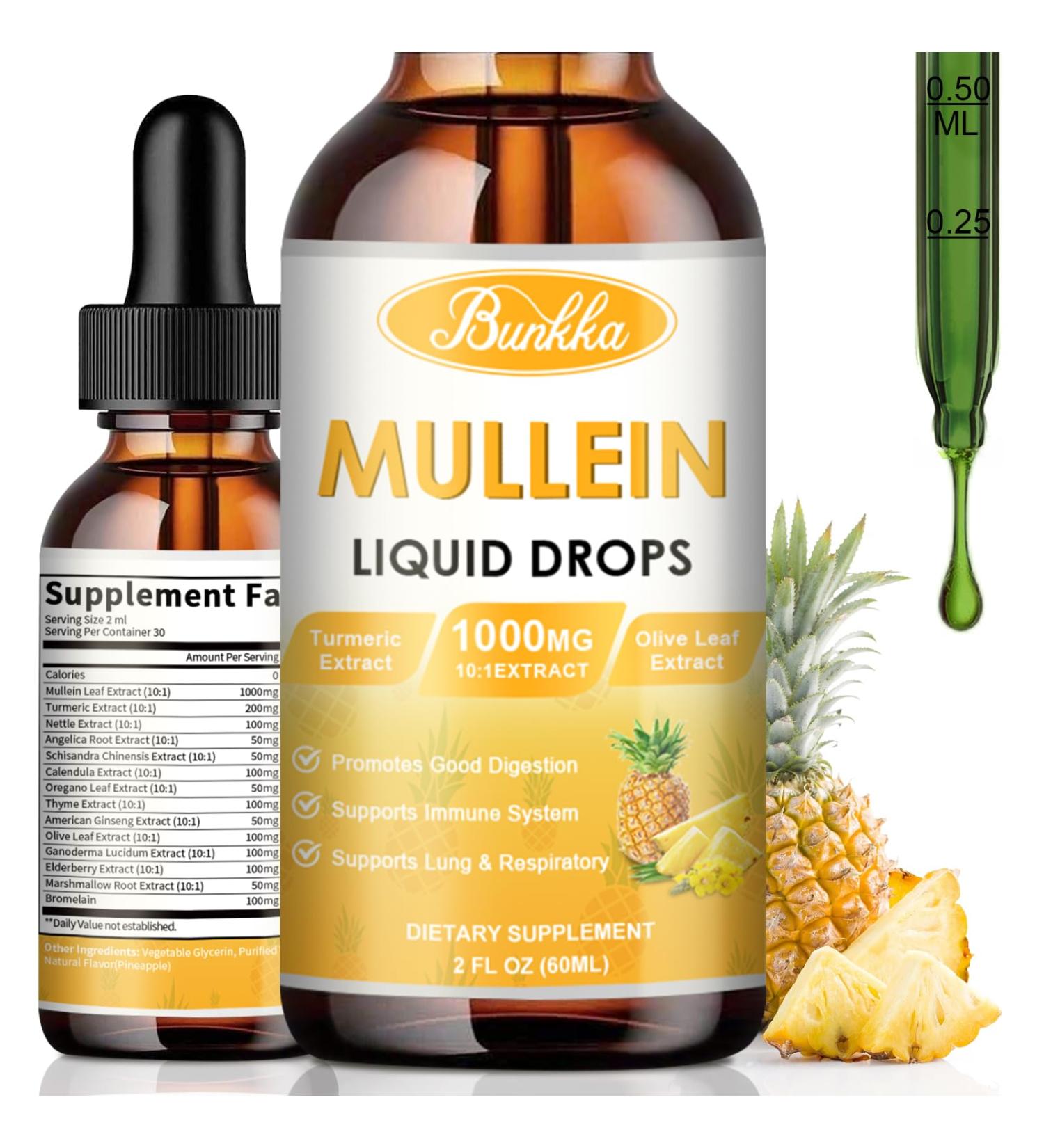 Mullein Drops for Lungs - 13 in 1 Vegan Tincture with Calendula & Elderberry | Herbal Respiratory & Immune Support | 2 FL OZ Pineapple Flavor - Buy Online on GoSupps.com