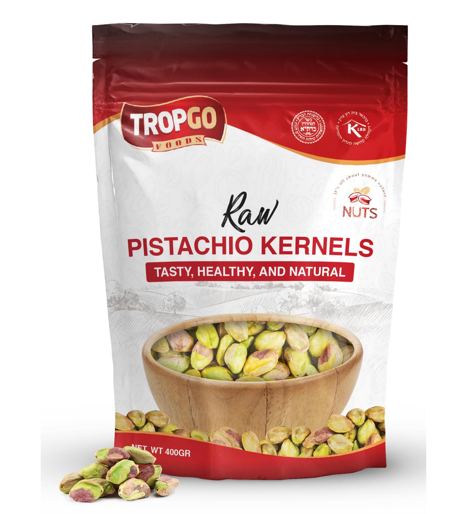 Tropgo Raw Pistachio Kernels - 400g - Sweet & Creamy Pistachios - Packed Fresh Premium Quality Healthy Nuts - High in Fibre & Minerals Gluten Free - Perfect for Snacking - Buy Online on GoSupps.com