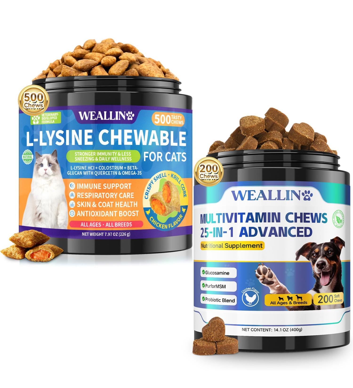 WEALLIN Cat & Dog Wellness Bundle L-Lysine Chews for Cats 500 Ct for Immune & Respiratory Support + 25-in-1 Dog Multivitamin Chews 200 Ct with Probiotics & Omega-3 Chicken Flavor - Buy Online on GoSupps.com