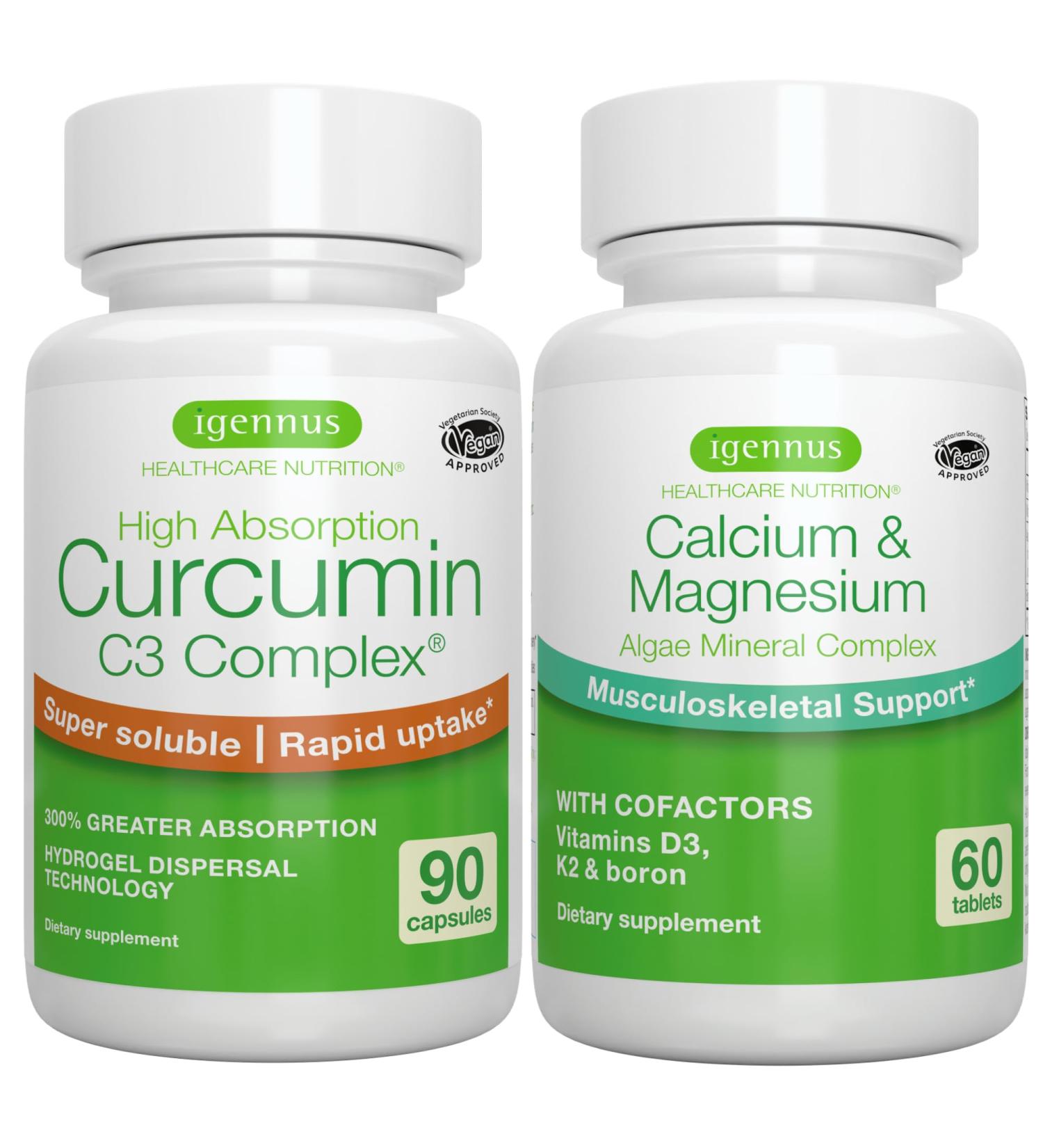 Algae Calcium & Magnesium Complex + High Absorption Curcumin C3 Complex Vegan Bundle for Bones Joints & Recovery from Exercise by Igennus - Buy Online on GoSupps.com