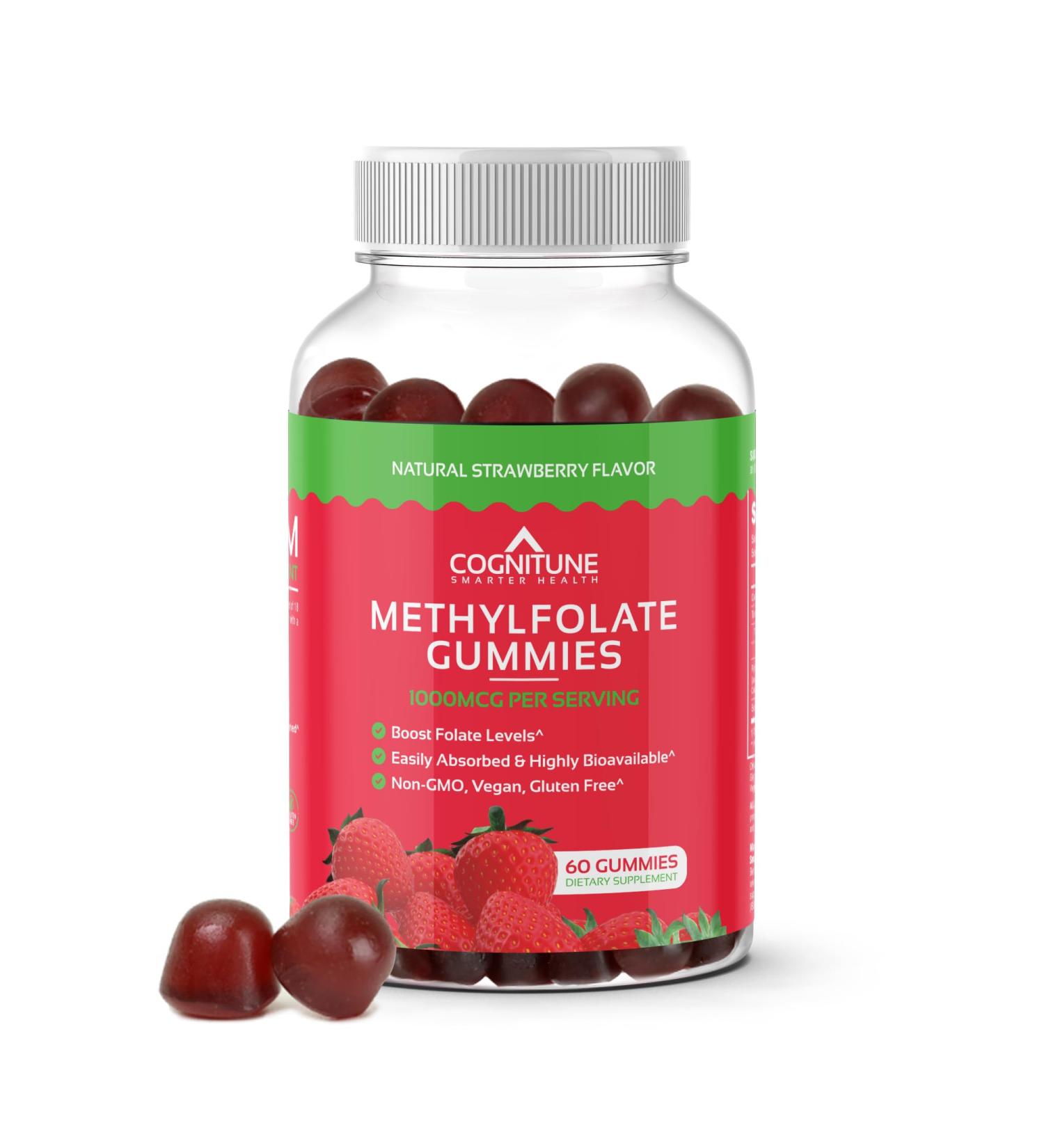 CogniTune Methylfolate Gummies - Easy to Take High Potency L-Methylfolate, Folate Supplement for Brain, Heart Health & Immunity, Delicious Strawberry Flavor, Non-GMO, Vegan, Gluten-Free - Buy Online on GoSupps.com