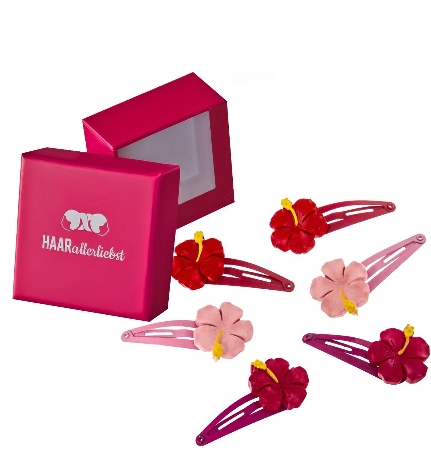 Hair -like hair clip set (6 pieces | orchids flowers | pink red) for girls including box for storage (box color: pink)