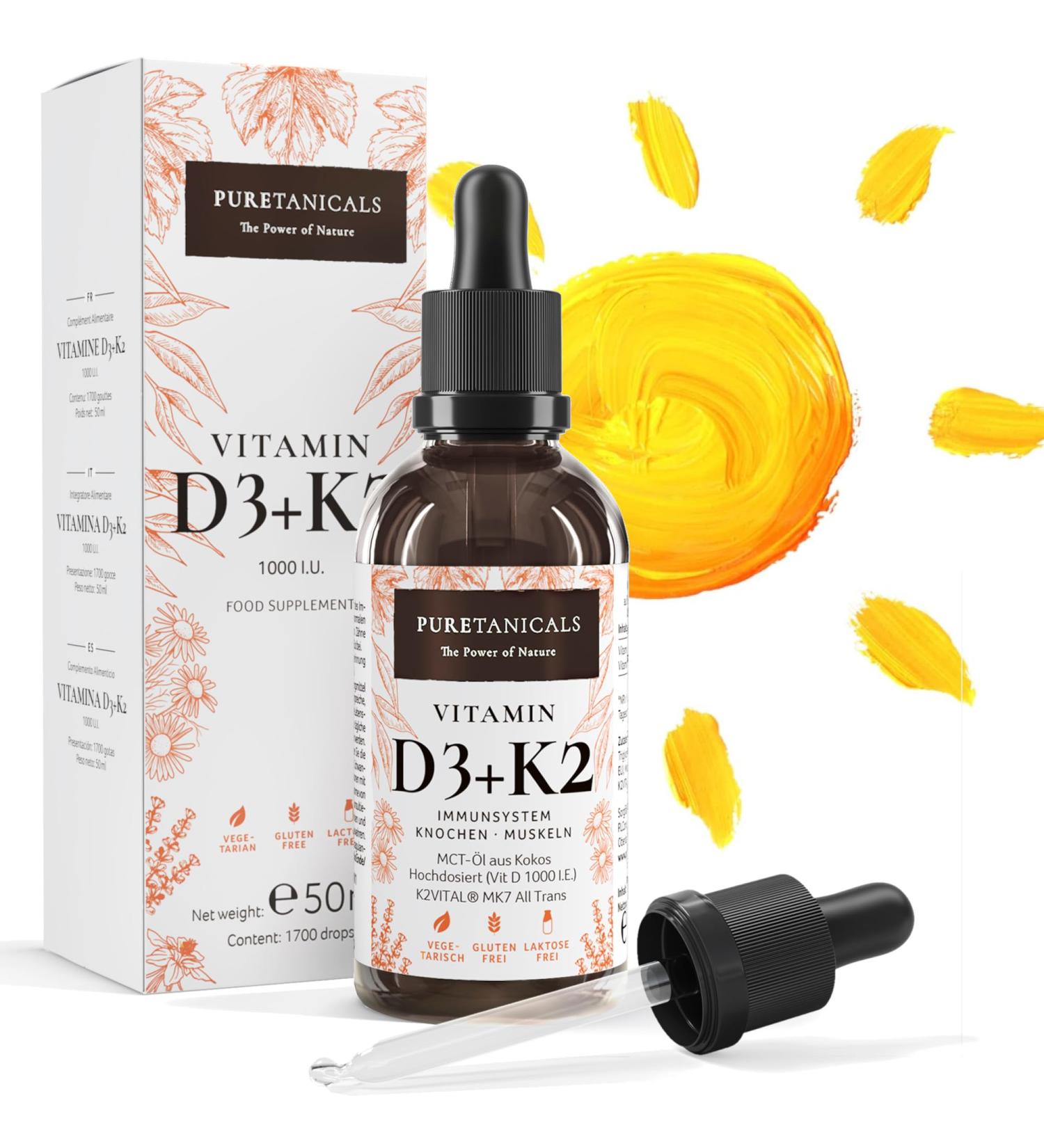 Vitamin D3+K2 Drops (50ml) - 1000 IE per Drop Lab Tested - Long Shelf Life with 1700 Drops - in Natural Coconut MCT Oil Liquid Cholecalciferol - Buy Online on GoSupps.com