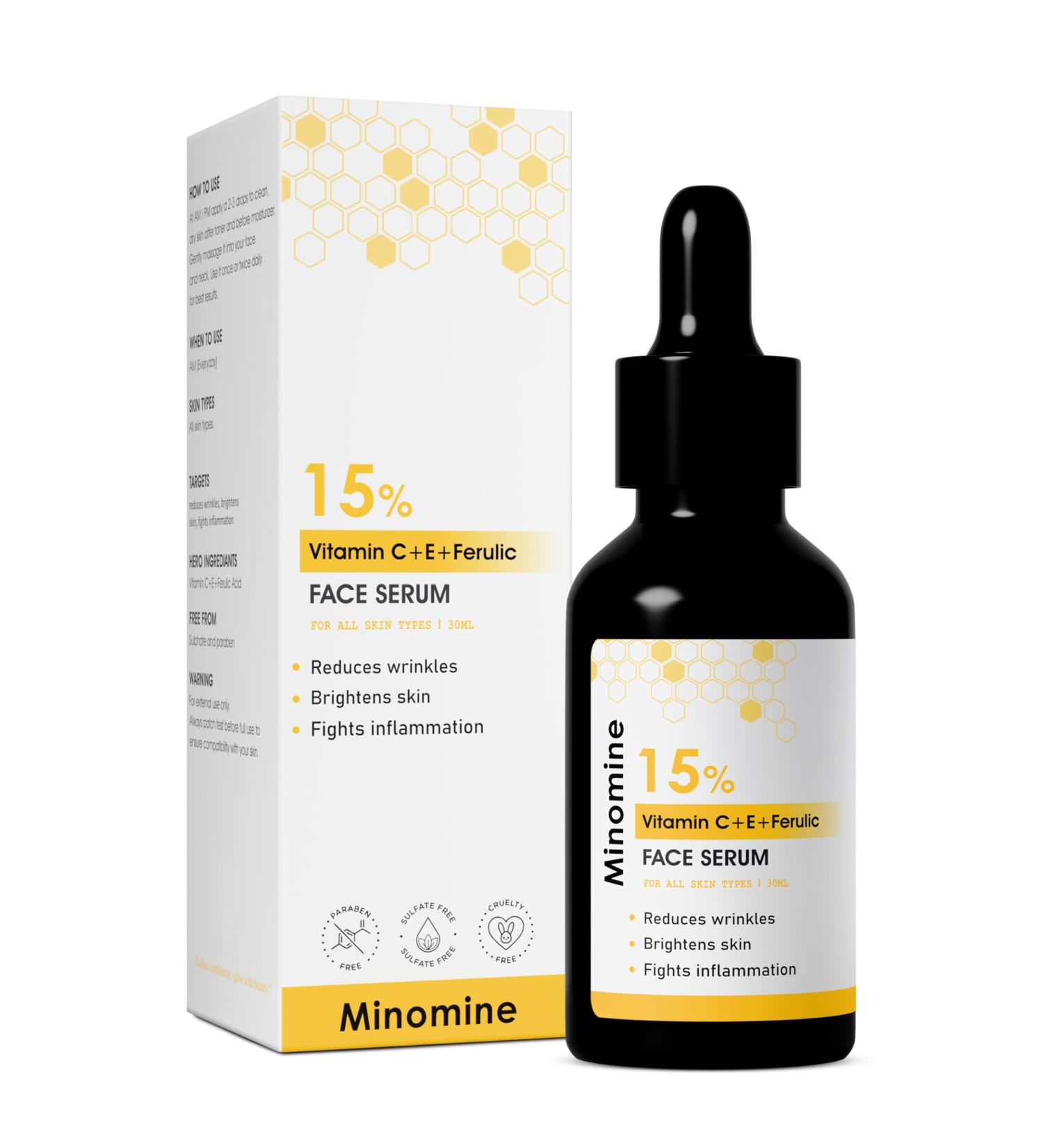 Minomine 15% Vitamin C + E+ Ferulic acid Face serum | Reduces wrinkles Brightens skin & Fights inflammation | Advanced Glowing Formula | Men & Women All Skin Types 30ml - Buy Online on GoSupps.com