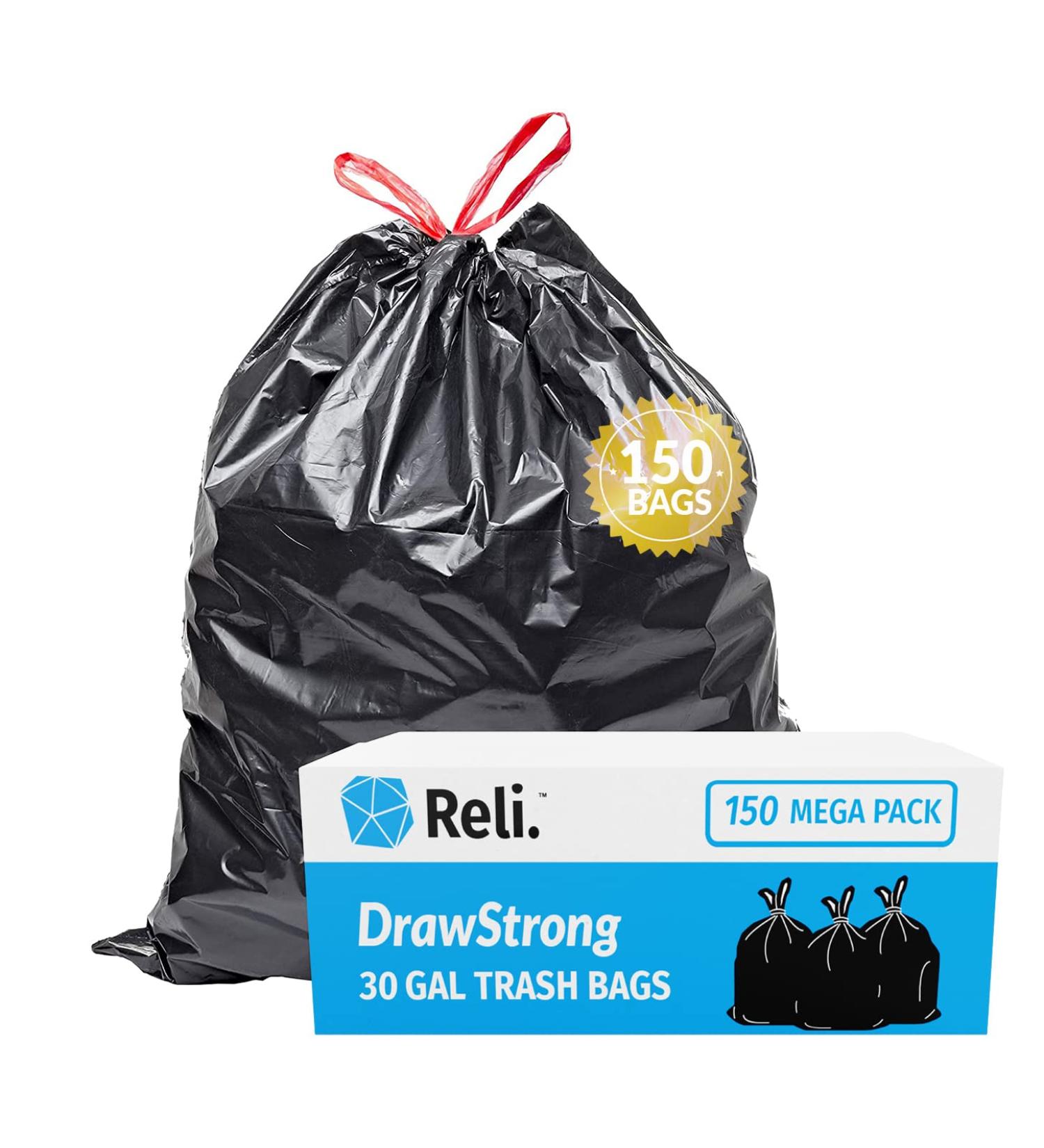 Reli 33 Gallon Trash Bags Drawstring - 150 Count, Black | Heavy Duty Garbage Bags - Large 33 Gal Capacity - Buy Online on GoSupps.com