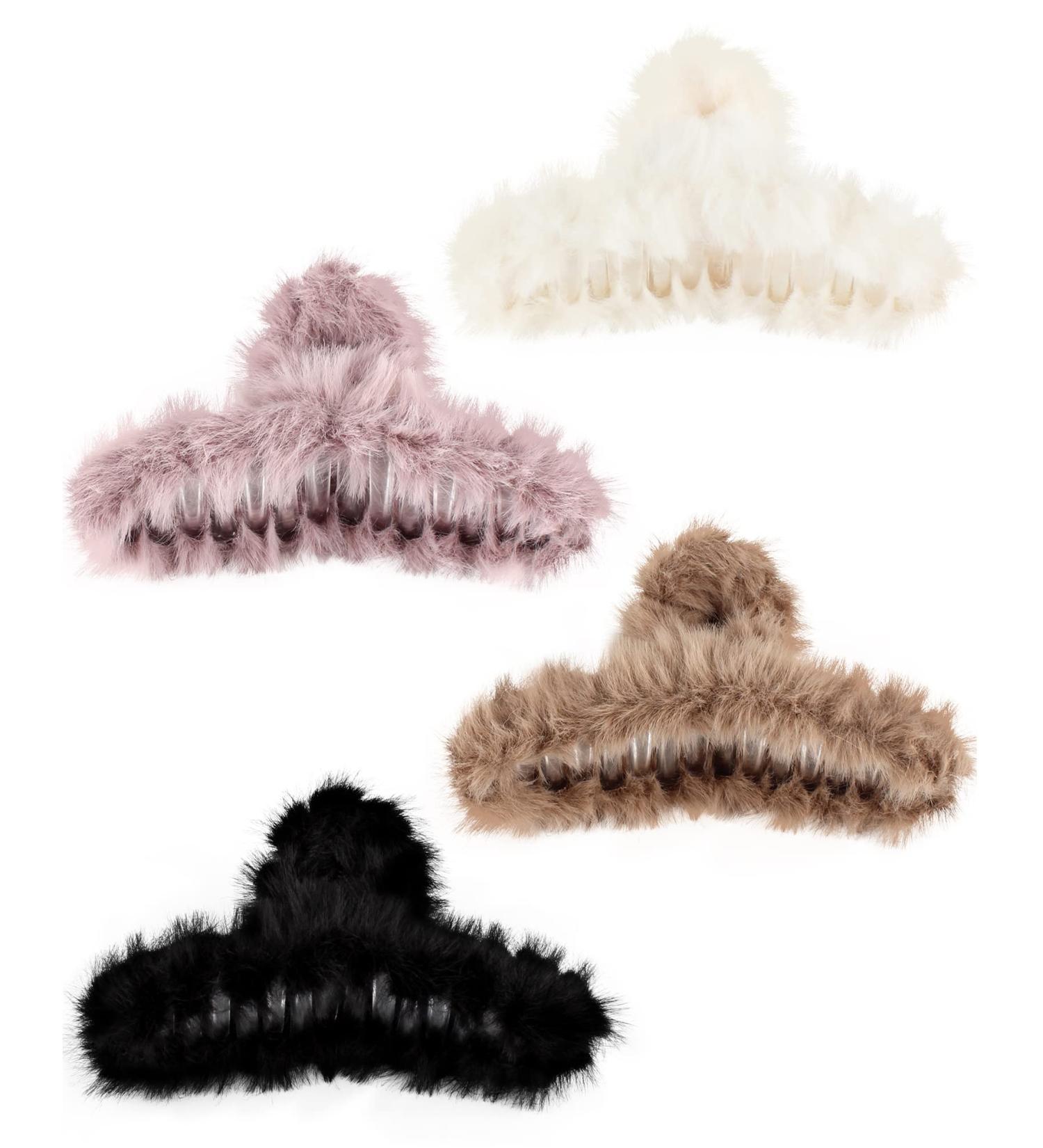 Olldag 4 PACK Large Hair Claw Clips Faux Fur Plush Hair Catch Barrette Jaw Clamp for Women (4.7 inch) - Black, White, Purple, Khaki - Buy Online on GoSupps.com