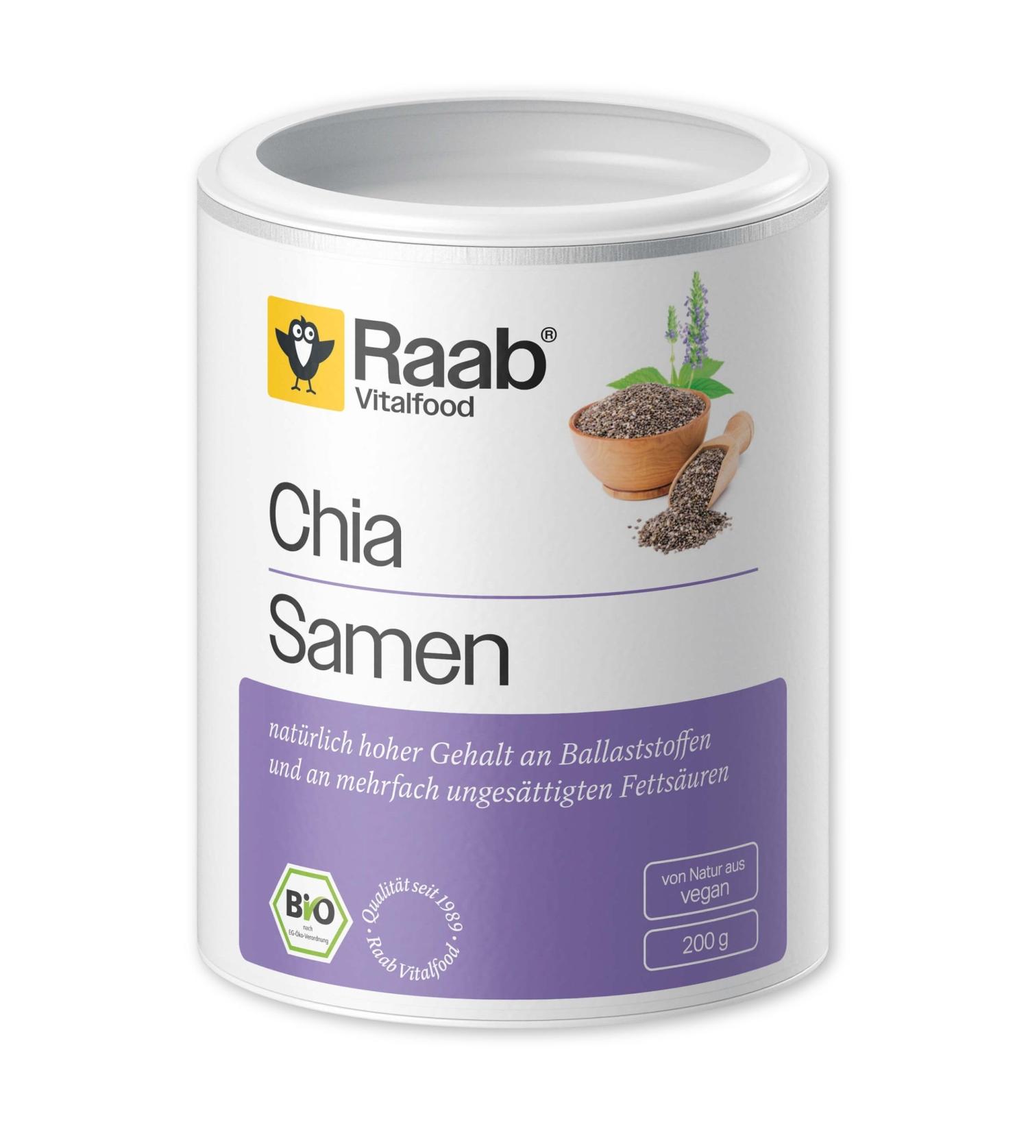 Raab Vitalfood Bio Chia-Samen Premium quality laboratory test vegan rich in fiber naturally contains calcium B vitamins unsaturated fatty acids swellable 1 Pack (200 g) 200 g (1 Pack)