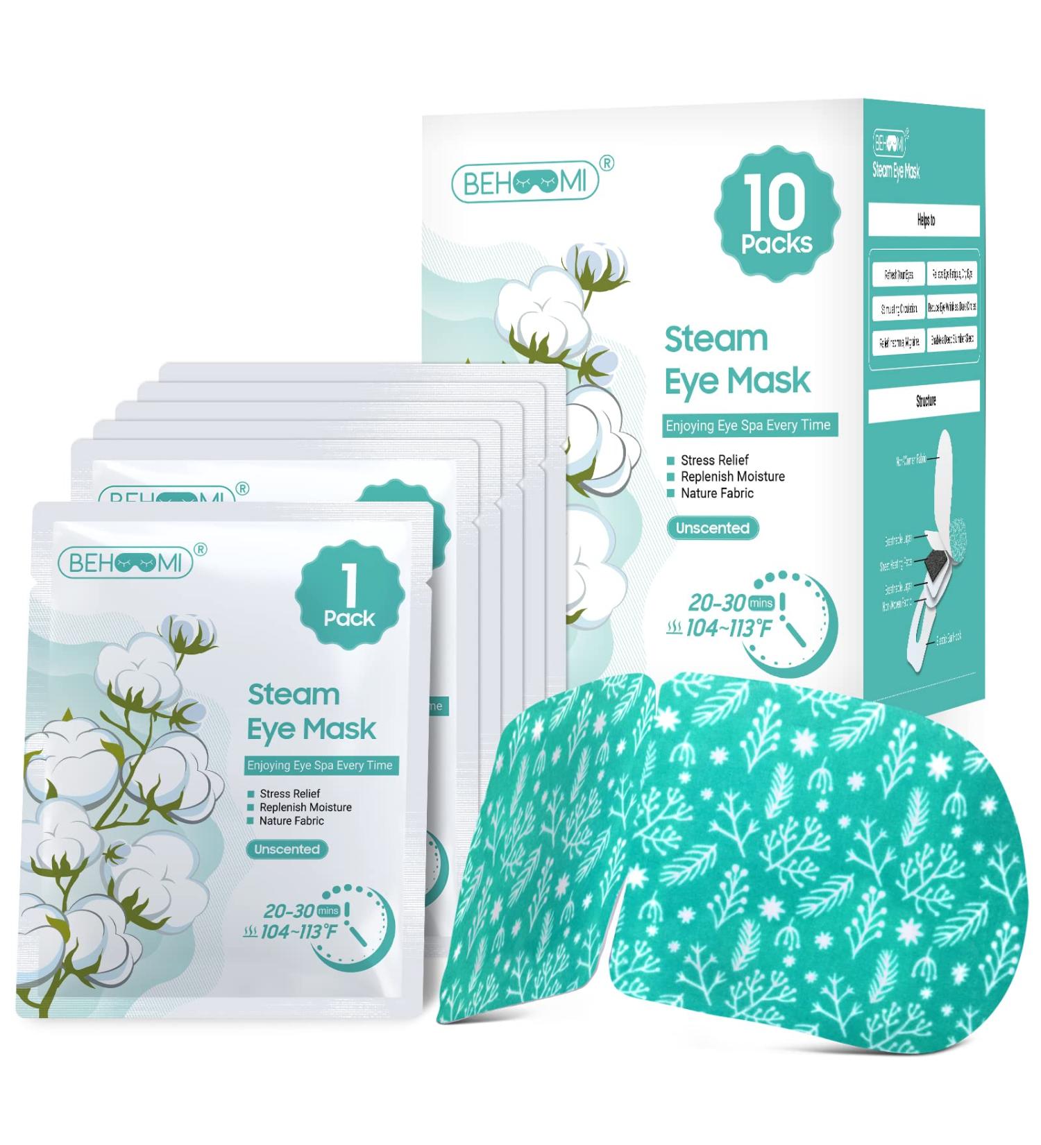 BeHoomi Steam Eye Mask 10 Pack - Heated Eye Compress for Dark Circles & Puffiness - Moist Heat Disposable Eye Mask for Dry Eyes - Stress Relief for Home, Office & Travel - Unscented - 10 Count - Buy Online on GoSupps.com