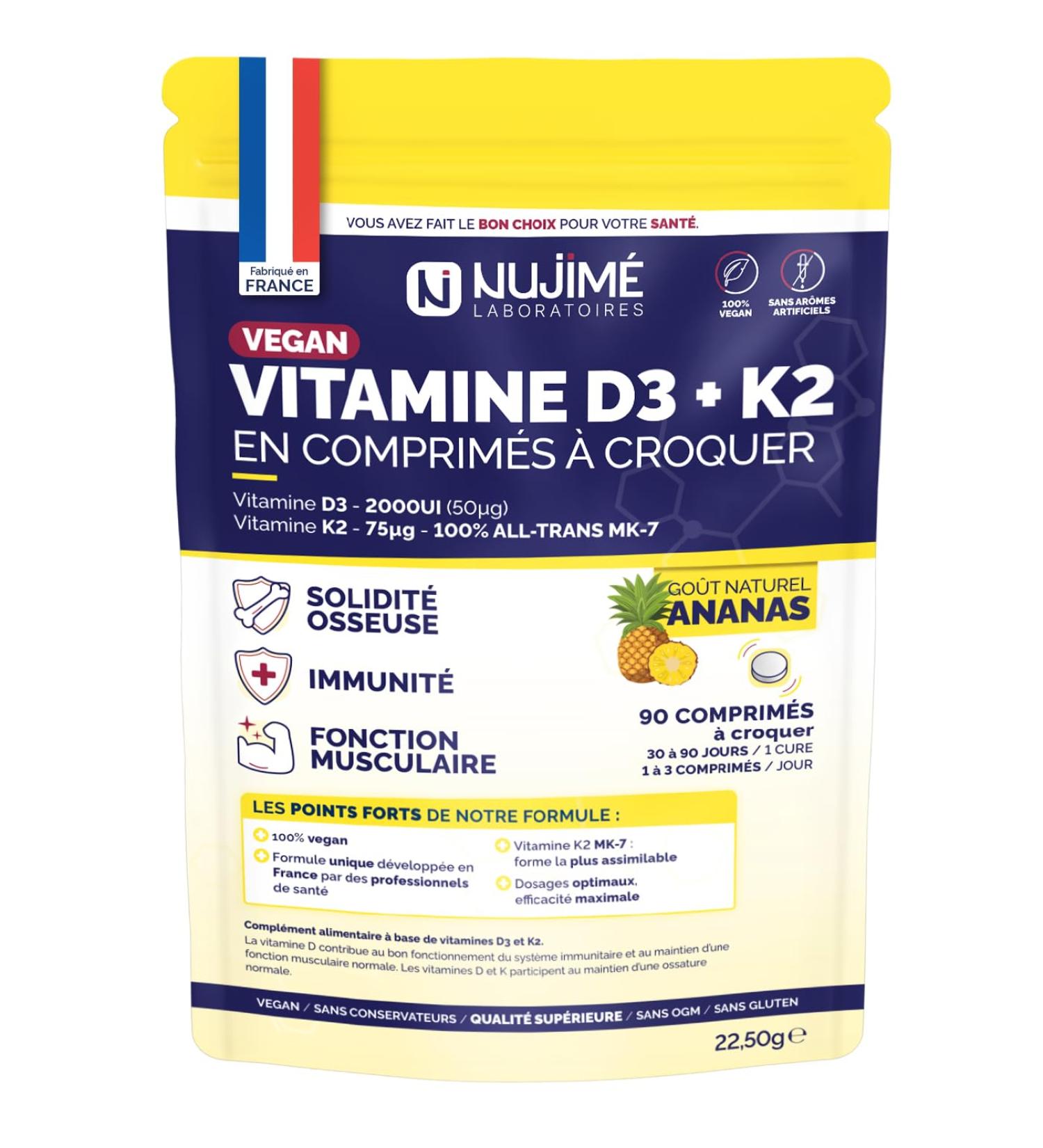 Vitamine D3 (2000UI) + K2 (all-trans MK7 75 g) | 100% VEGAN | Solidit Osseuse Muscles Immunit | Ar me naturel d ananas | Fabriqu en France (90 comprim s | 3 mois) - Buy Online on GoSupps.com
