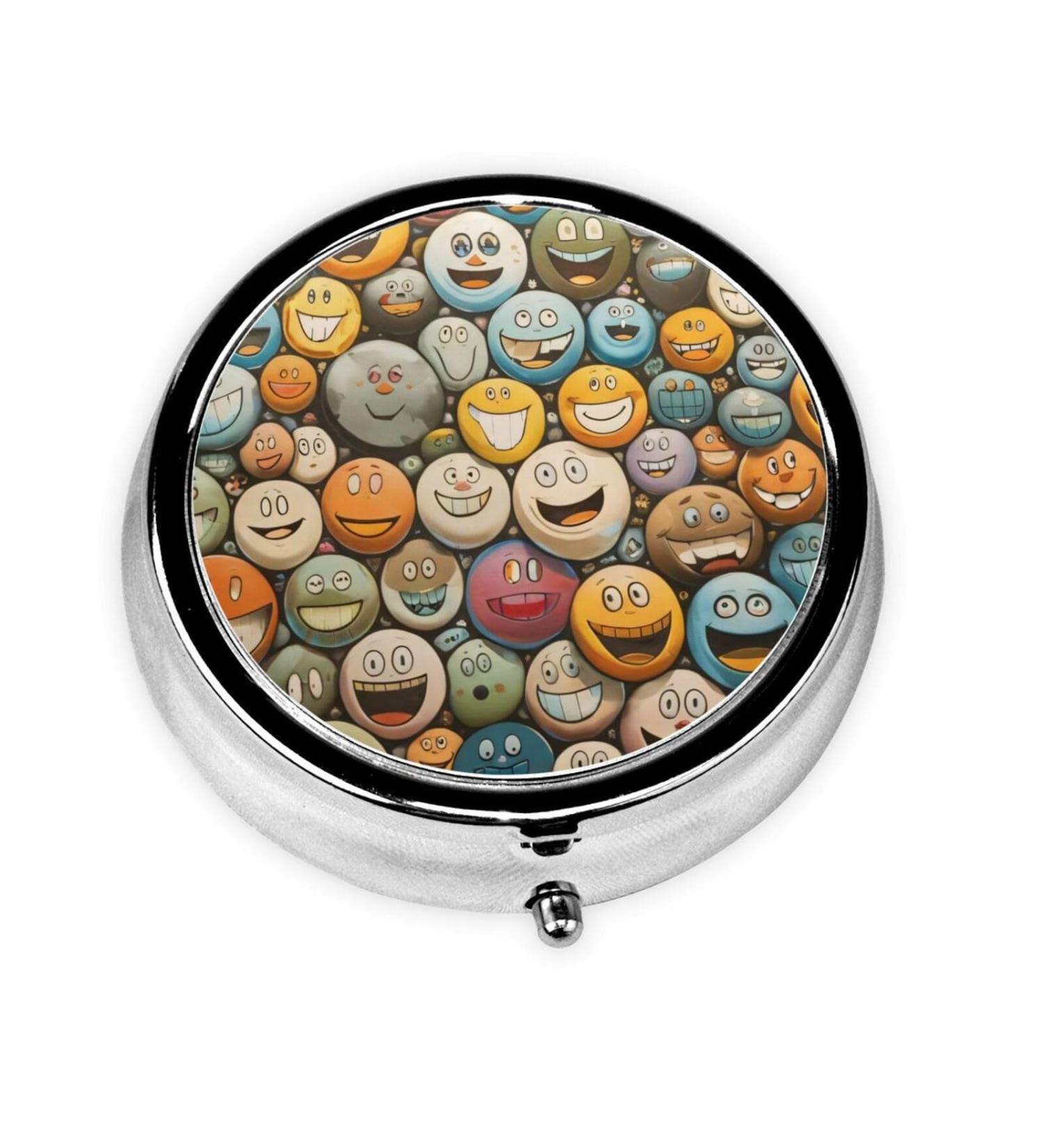 Buy Cute Smiley Face Portable Metal Pill Box | Round Mini 3-Compartment Design for Small Pills | Perfect Travel Accessory - Buy Online on GoSupps.com