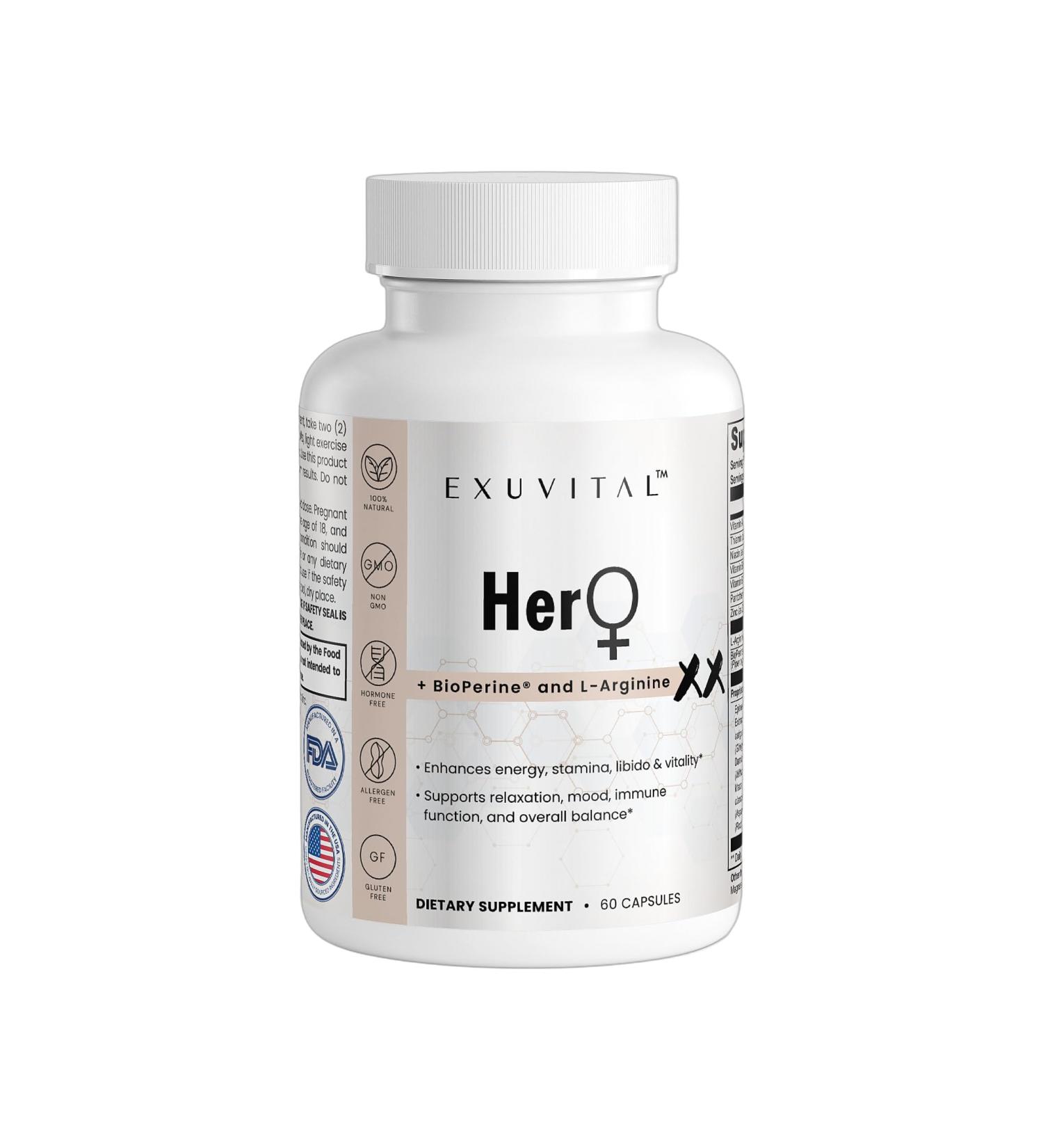 EXUVITAL Hero XX, 60 Capsules, Supports Energy, Vitality, Mood & Immune Function with B Vitamins, Zinc, Herbal Extracts, Ultimate Herbal and Mineral Female Formula - Buy Online on GoSupps.com