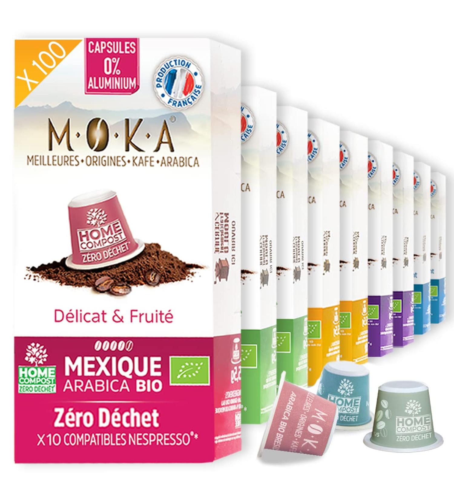 MOKA 100 Organic Compostable Capsules 100% Pure Arabica Mexico Honduras Ethiopia Brazil Peru - Compatible with Nespresso Capsule Machines - Intensity 6-8 - Home Compost - Roasted in France  - Buy Online on GoSupps.com