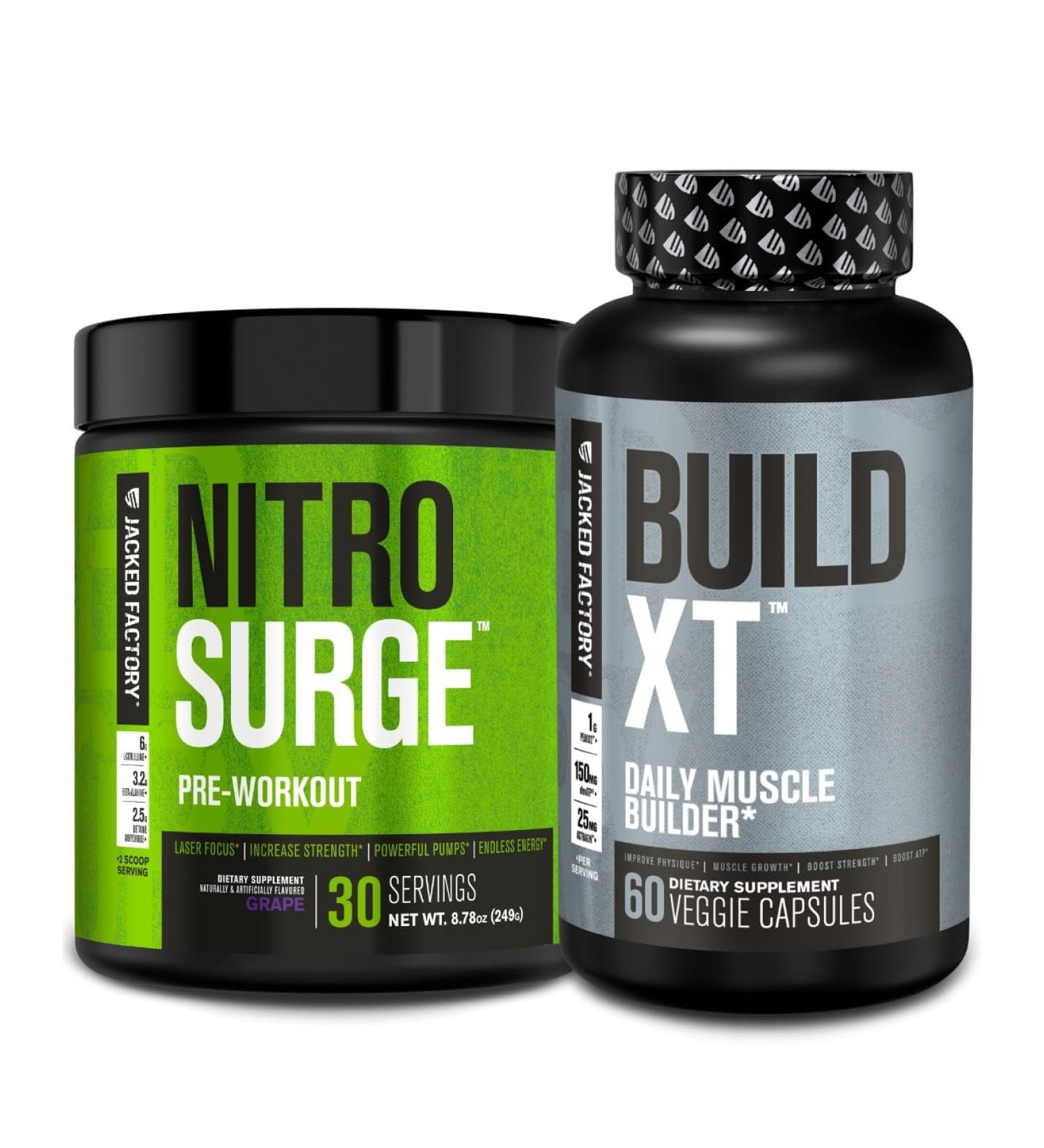 Jacked Factory Nitrosurge Pre-Workout in Grape & Build XT Muscle Building Bundle for Men & Women - Buy Online on GoSupps.com