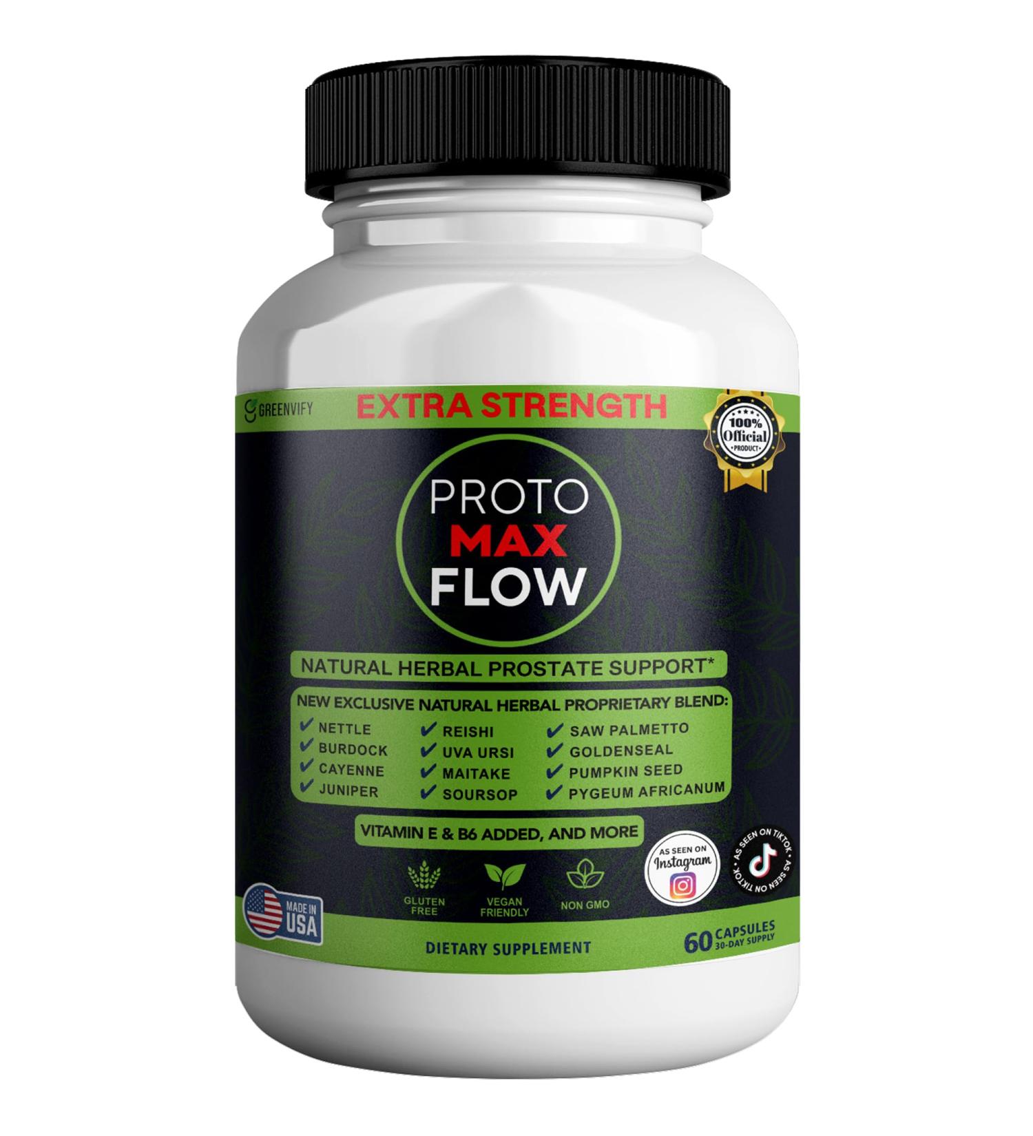 GREENVIFY Proto Max Flow Extra Strength Prostate Support Natural Herbal Supplement with Saw Palmetto 60 Capsules (1) - Buy Online on GoSupps.com