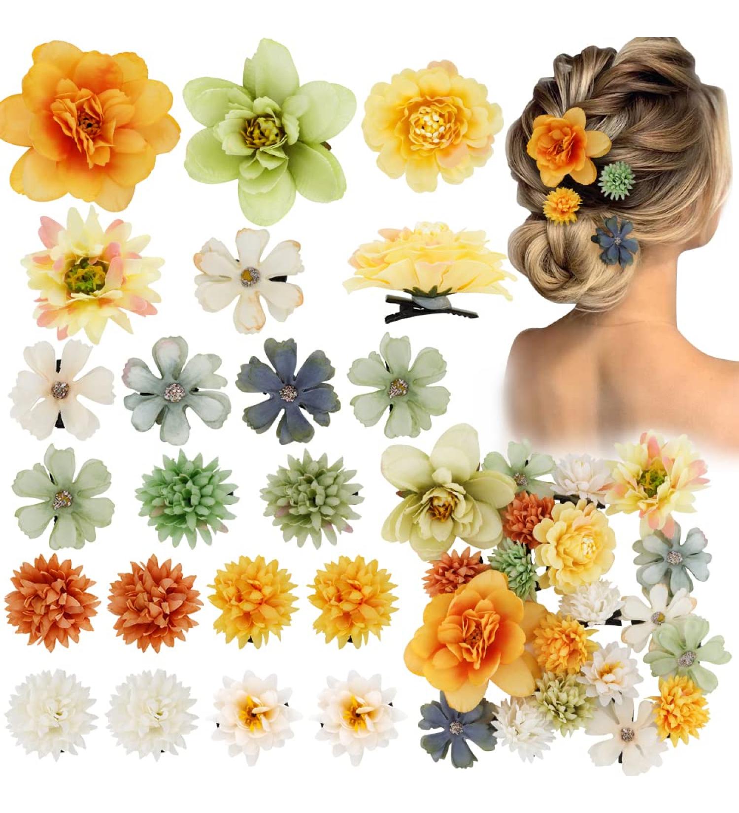 Bohemian Flower Hair Clips - 20 Pieces Hawaiian Artificial Barrettes for Women and Girls | Chiffon Pins for Beach Party, Wedding Hairstyles (Green Style) - Buy Online on GoSupps.com