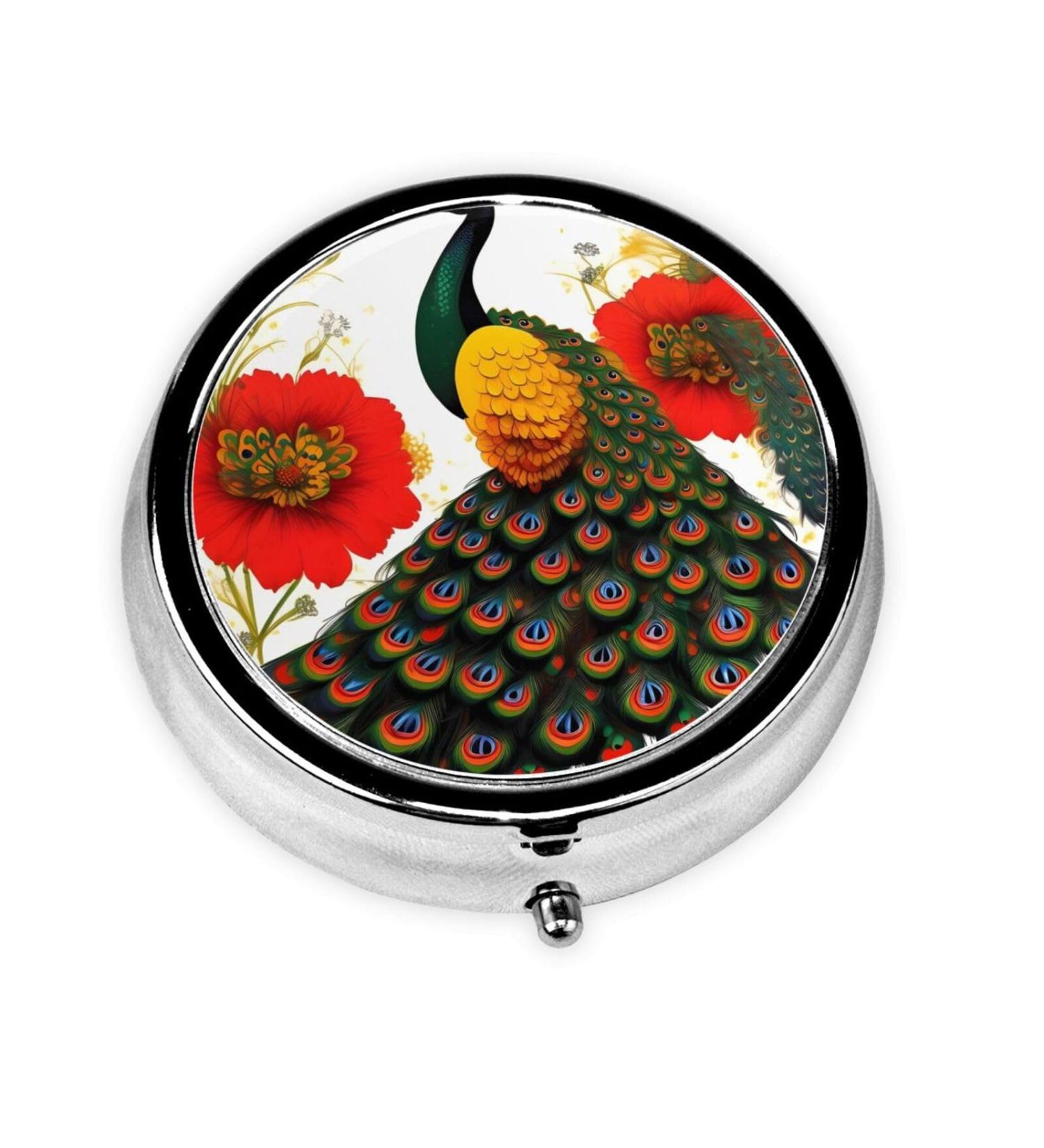 Peacock Red Flower Round Pill Box | 3 Compartment Travel Pill Organizer | Portable Travel Essential - Buy Online on GoSupps.com
