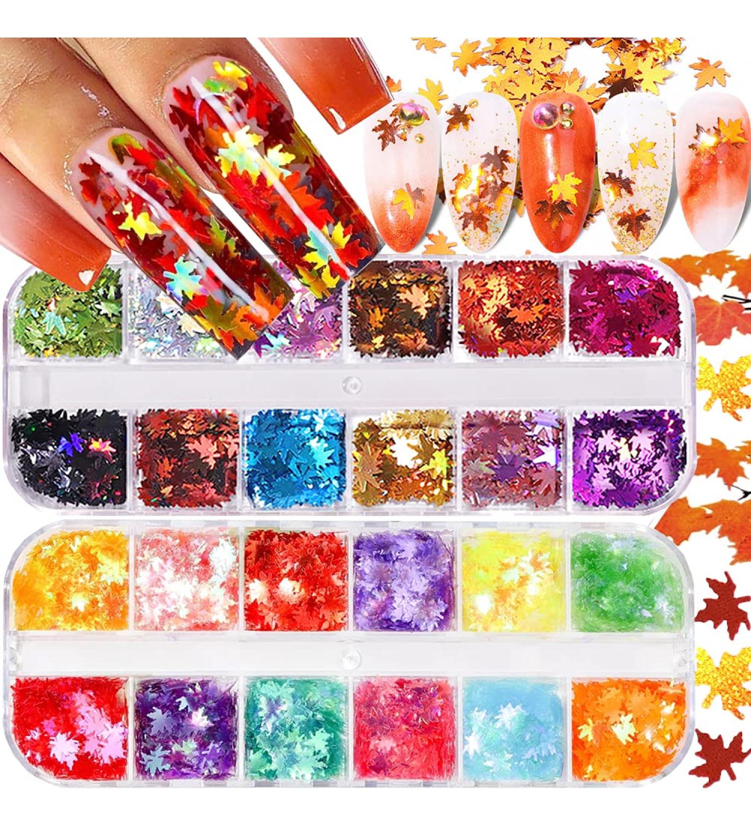 Fall Leaf Glitter Nail Sequins - 24 Colors Holographic Maple Leaf Art Flakes - Autumn Manicure Decorations - 2Boxes - Buy Online on GoSupps.com