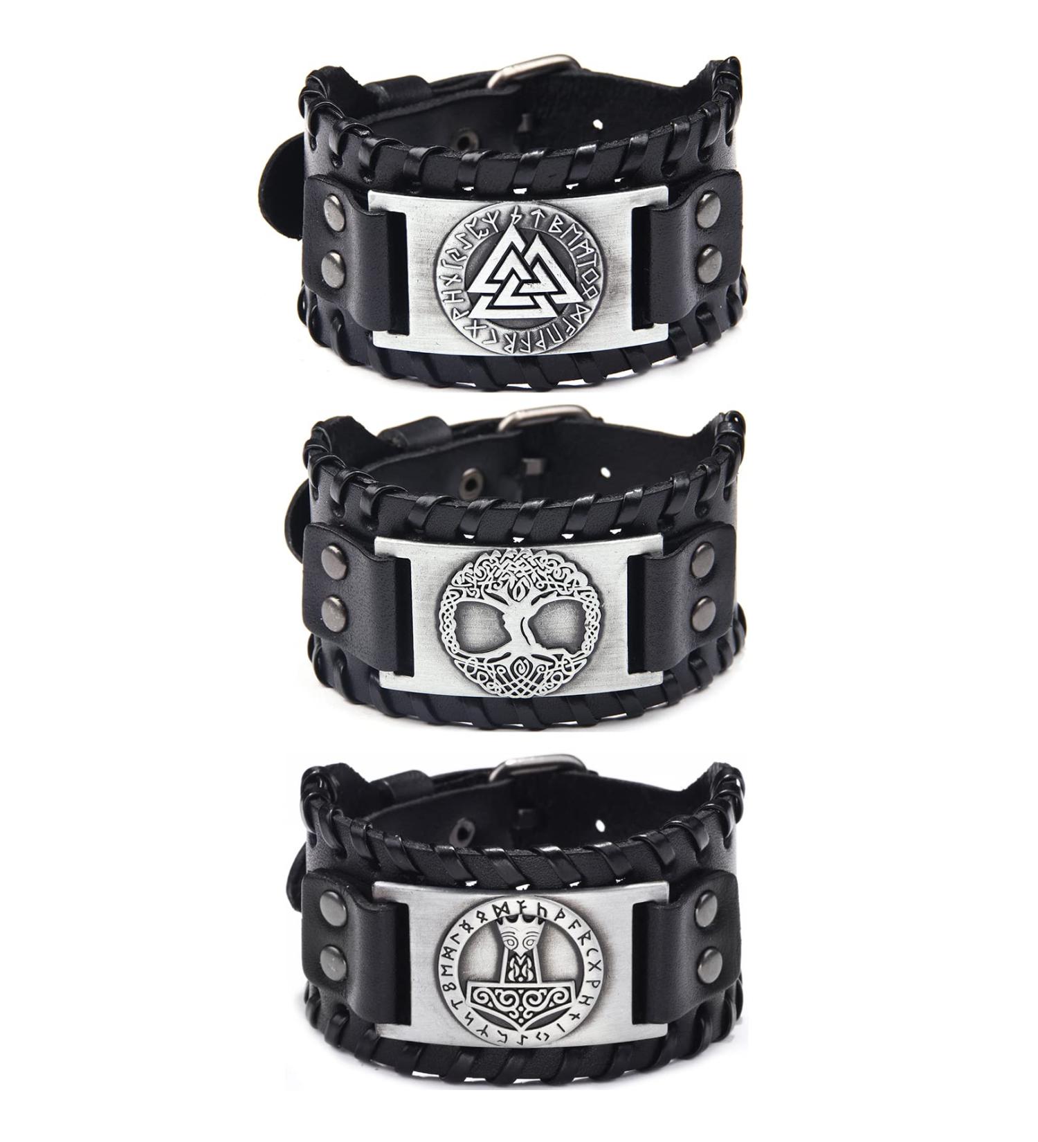 Sehaby 3 Pieces Vintage Leather Bracelets Black Odin Rune Bracelets Tree of Life Wide Leather Bracelets Viking Thor's Hammer Pattern Bracelets Nordic Leather Cuff Bracelets for Men - Buy Online on GoSupps.com