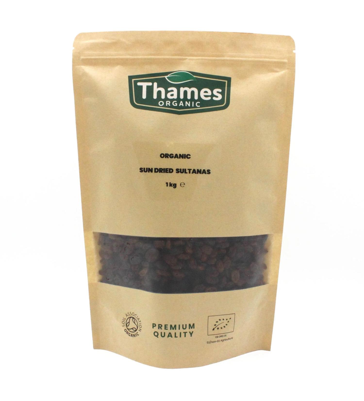 Organic Sun-Dried Sultanas - 100% Natural No Additives or Preservatives - Vegan GMO-Free Certified Organic - Sweet Juicy and Nutritious Snack - Perfect for Baking and Cooking - Thames Organic 1kg - Buy Online on GoSupps.com