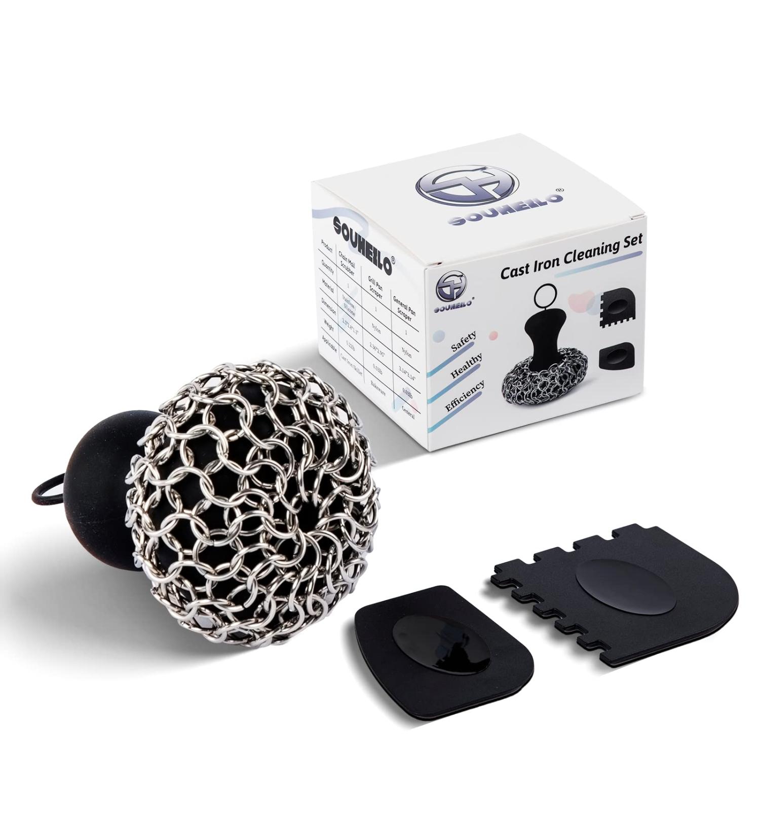 SOUHEILO Cast Iron Cleaning Kit with Upgraded Chainmail Scrubber and Pan Scraper - Medium Black | Dishwasher Safe Skillet Cleaner for Pans, Skillets, Dishes, Pots - Buy Online on GoSupps.com
