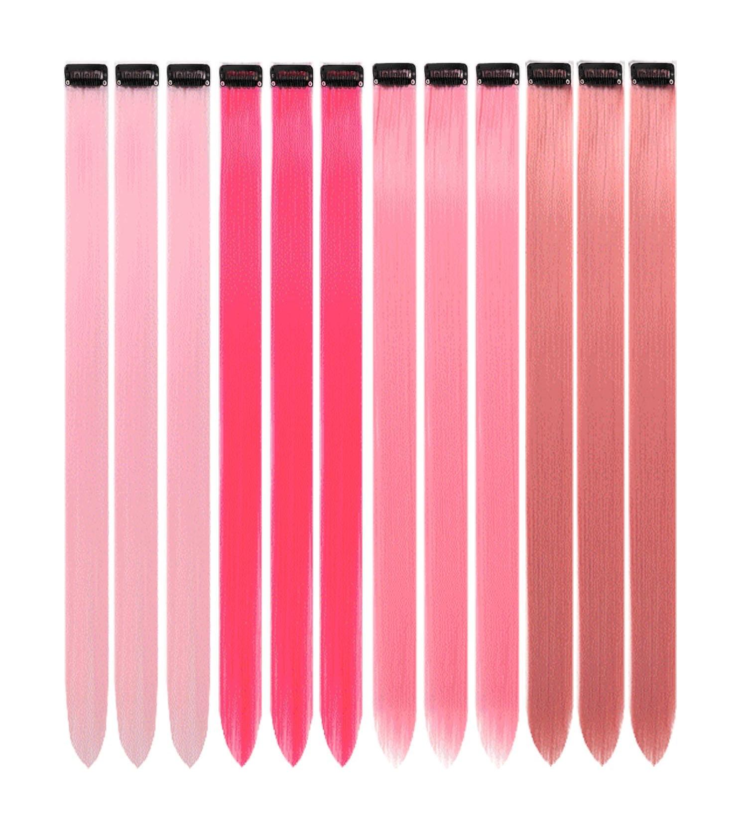 12 Pcs Colored Hair Extensions Colorful Clip in Hair Extensions 22 inch Synthetic Straight Hair Extensions for Kids Girls Women Pink series - Buy Online on GoSupps.com