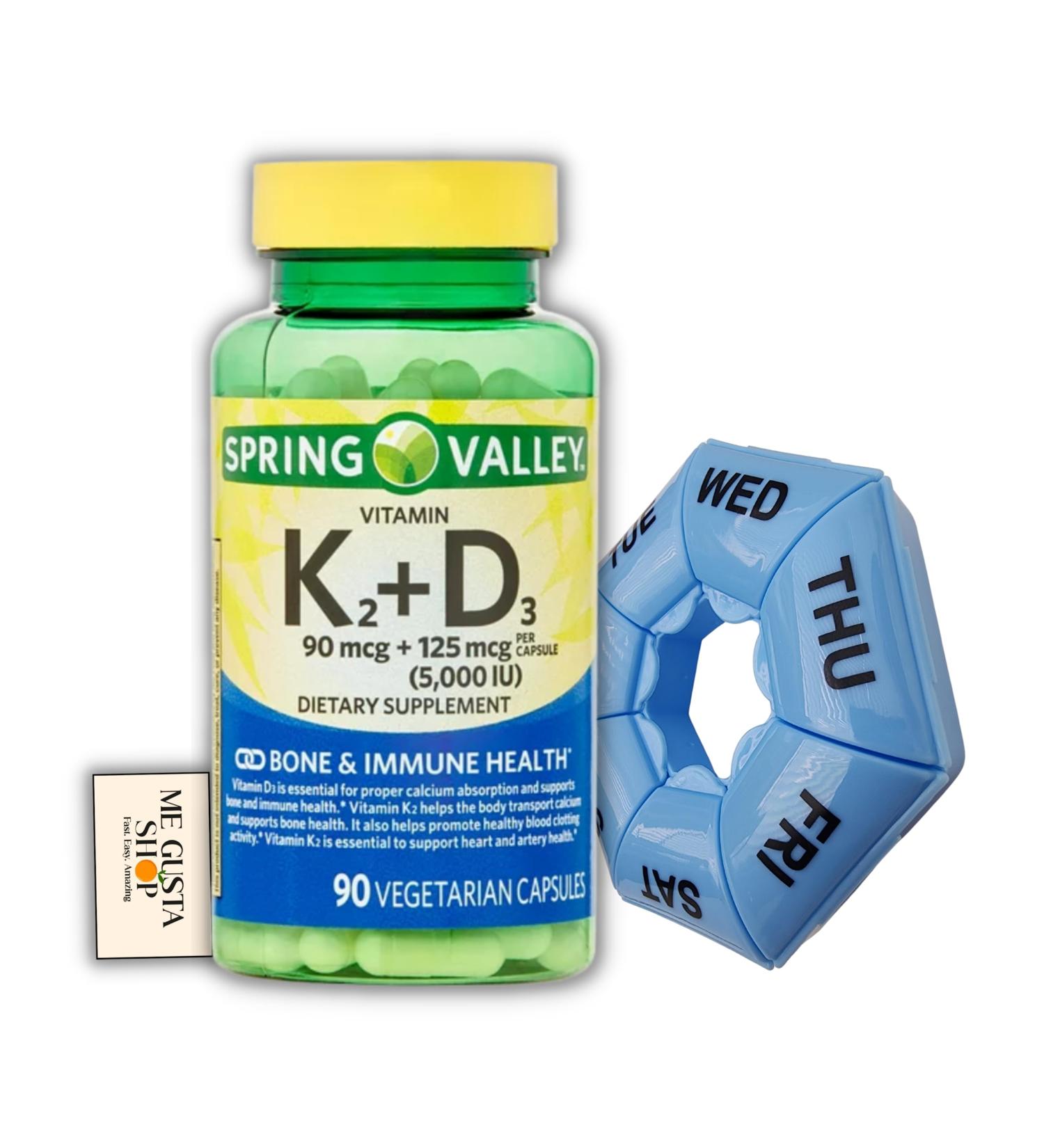 Spring Valley Vitamin K2 + D3 (90mcg + 125mcg) Vegetarian Capsules with Pills Organizer and Me Gustas Sticker - 90 Count - Buy Online on GoSupps.com