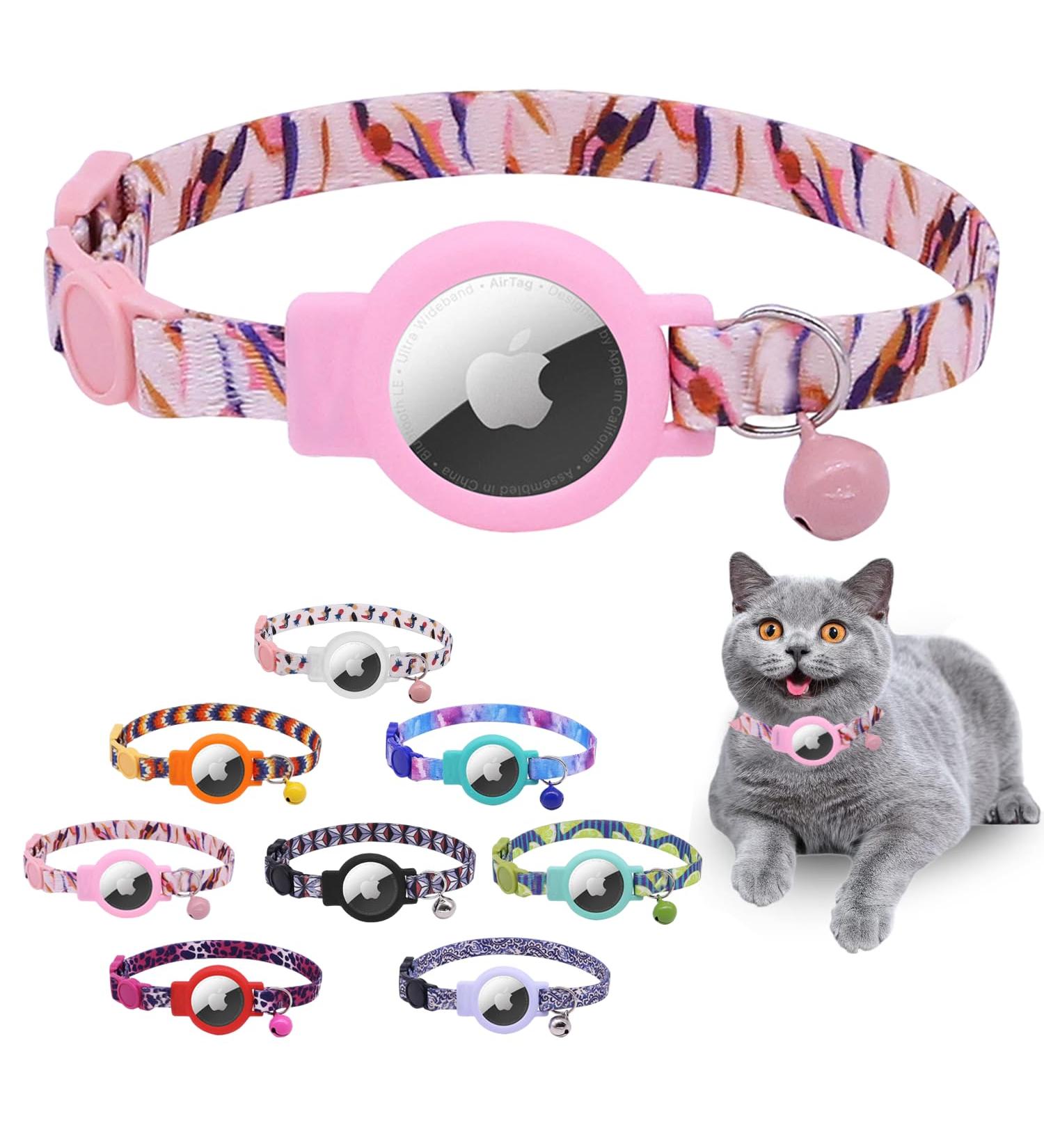 Mouyou Airtag Cat Neck Band - Adjustable Soft Nylon Collar with Bell & Silicone Holder - Pink Pattern C4 (22-34cm) - Buy Online on GoSupps.com