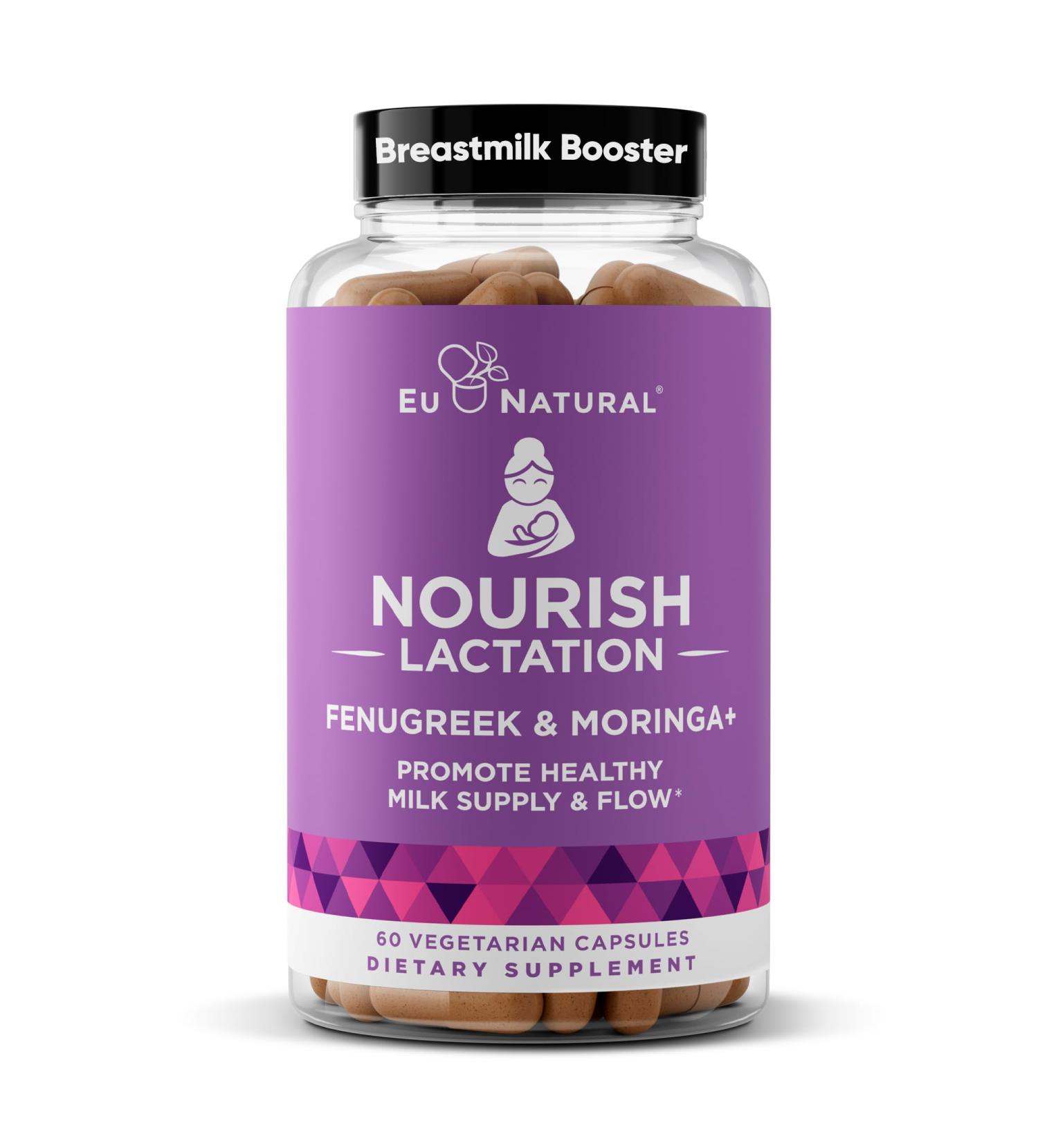Eu Natural Nourish Lactation Supplement - Postpartum Support for Healthy Milk Flow & Production - Fenugreek Capsules for Women with Milk Thistle, Fennel Seed & Moringa, 60 Vegan Soft Capsules - Buy Online on GoSupps.com