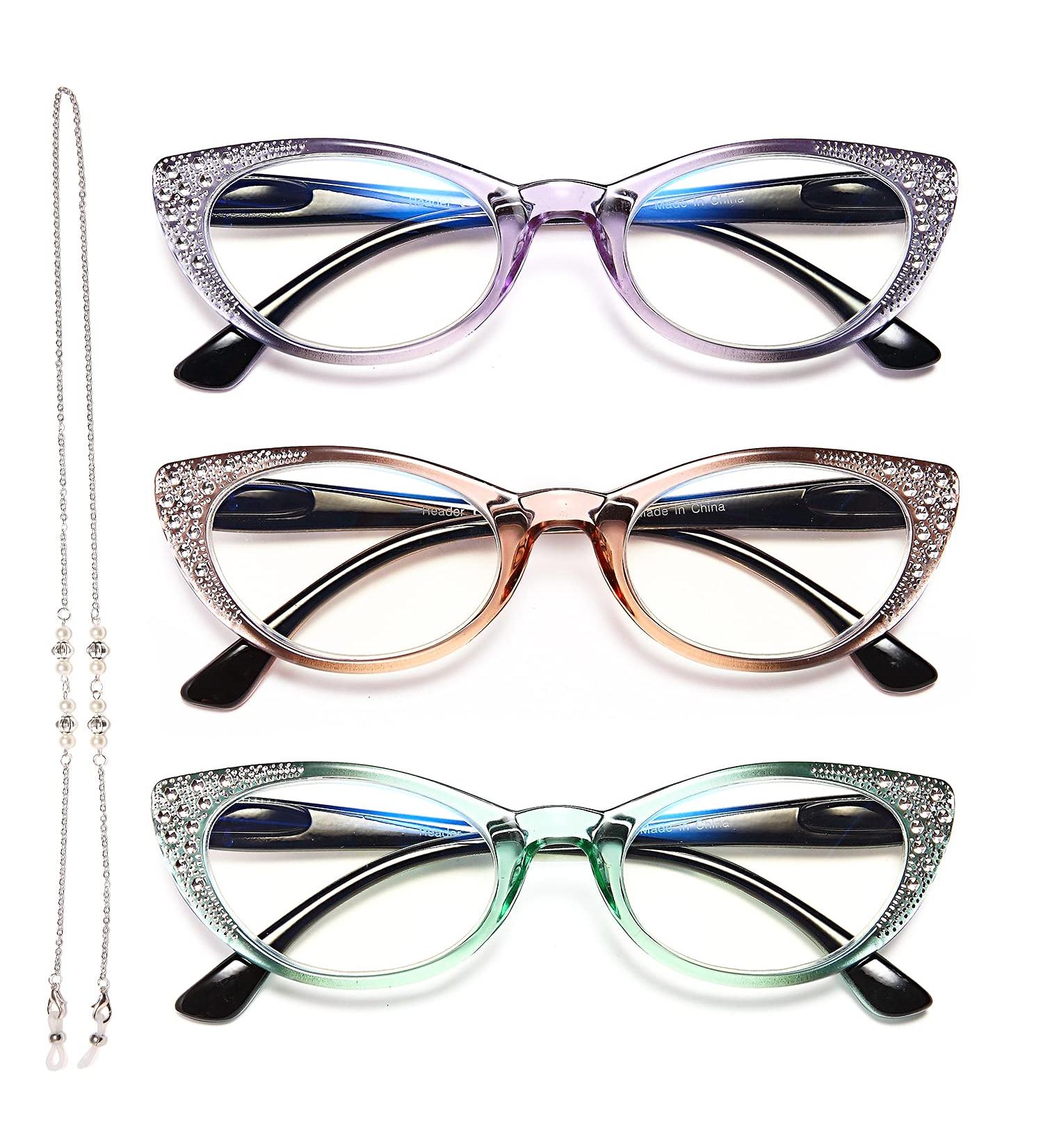 EyeURL 3-Pack Cat Eye Reading Glasses | Blue Light Blocking Computer Readers for Women | 1.5x Visual Aid with Feather Hinges - Buy Online on GoSupps.com