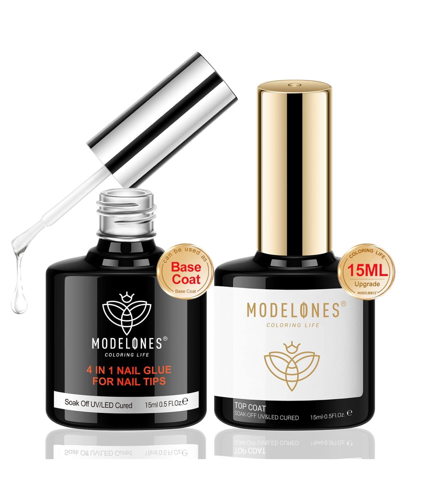 Modelones 2Pcs 15ml No Wipe Gel Top Coat & 4 in 1 Nail Glue Base - Long Lasting Nail Duet Set for Acrylic Nails - Buy Online on GoSupps.com
