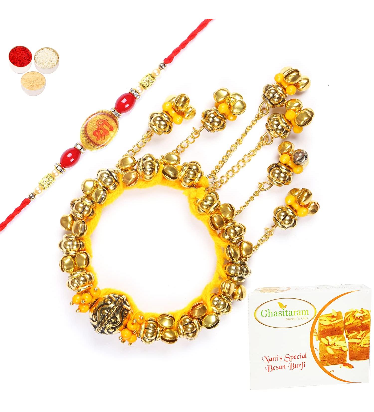 Ghasitaram Gifts Rakhis Online - Rakhi for Brother-PG-6 Bhaiya Bhabhi Rakhi with 200 GMS of Besan Barfi Rakhi Set with 200 gms of Besan Barfi - Buy Online on GoSupps.com
