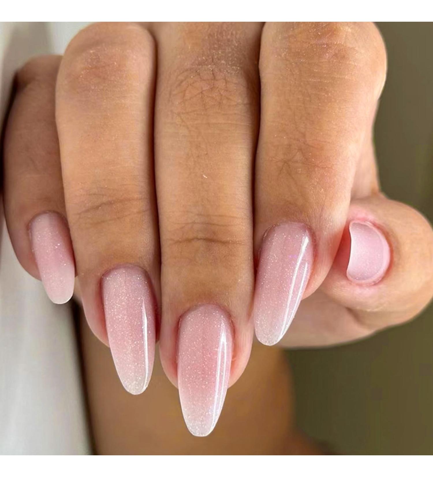 24Pcs Short Almond French Fake Nails - Pink Glitter Elegant Design - Reusable Acrylic Full Cover Press On Nails for Women and Girls - Nail Art Accessories - Buy Online on GoSupps.com